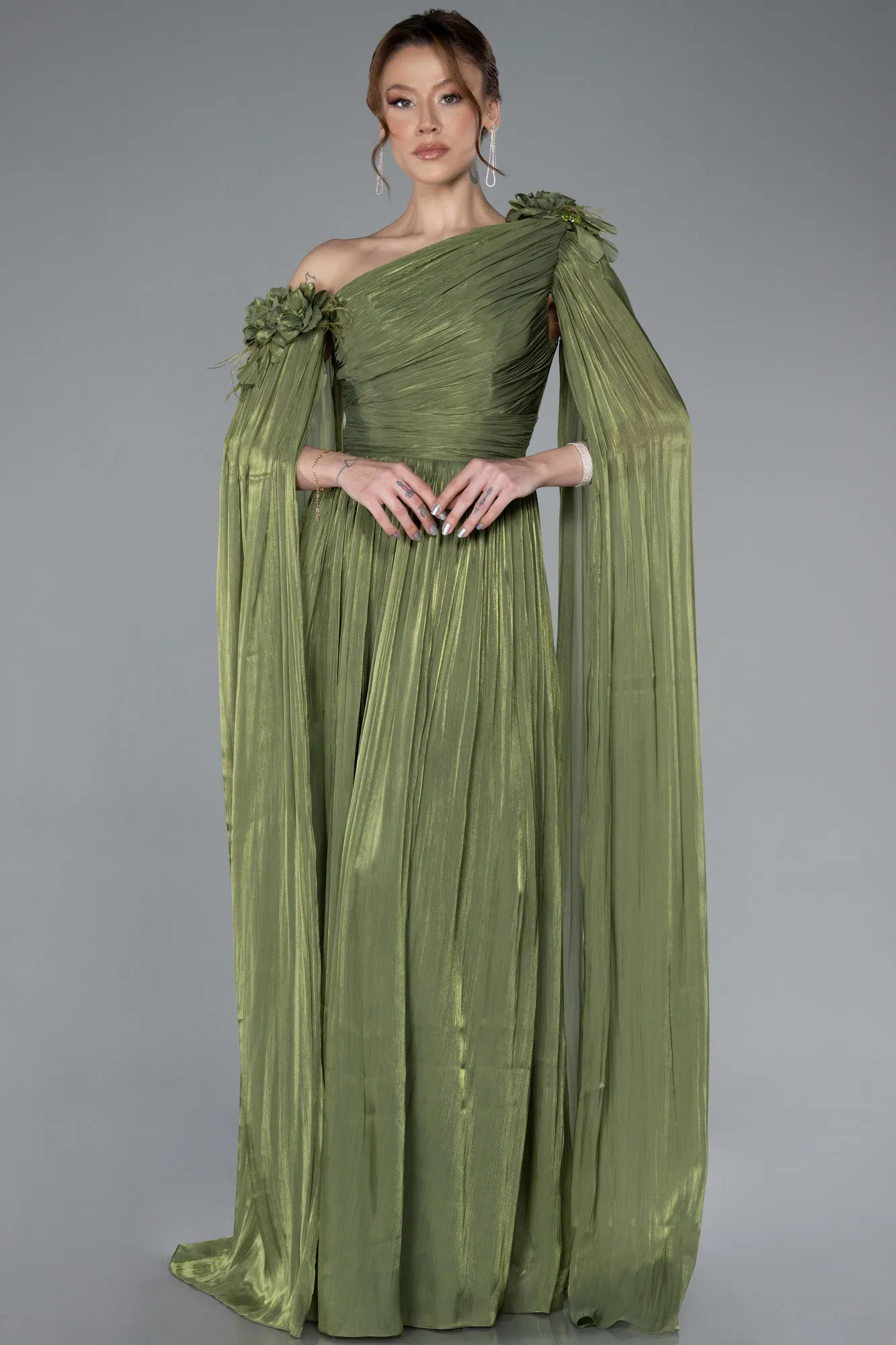 Olive Drab-One Shoulder Shawl Sleeve Long Chiffon Evening Dress ABU4809