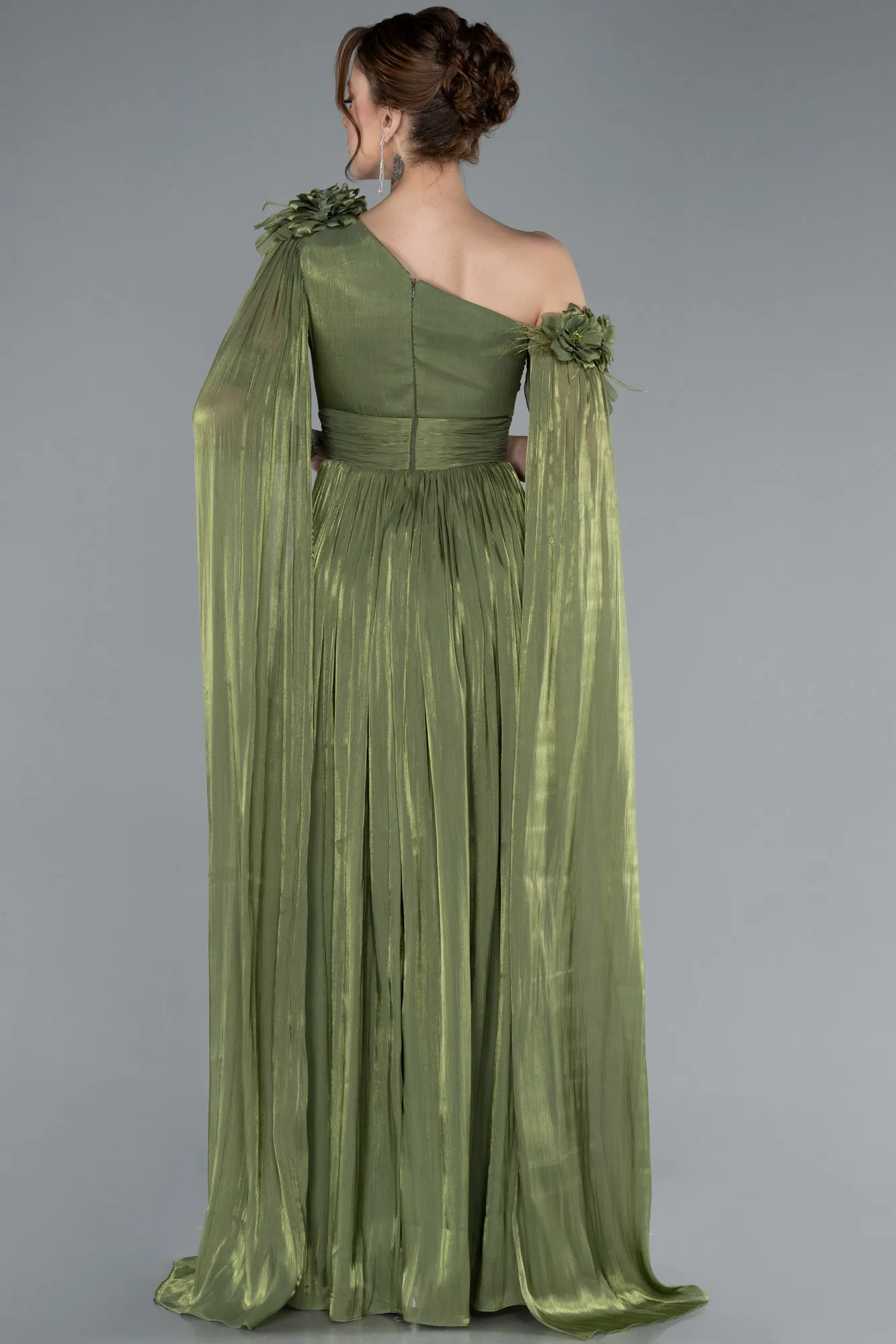 Olive Drab-One Shoulder Shawl Sleeve Long Chiffon Evening Dress ABU4809