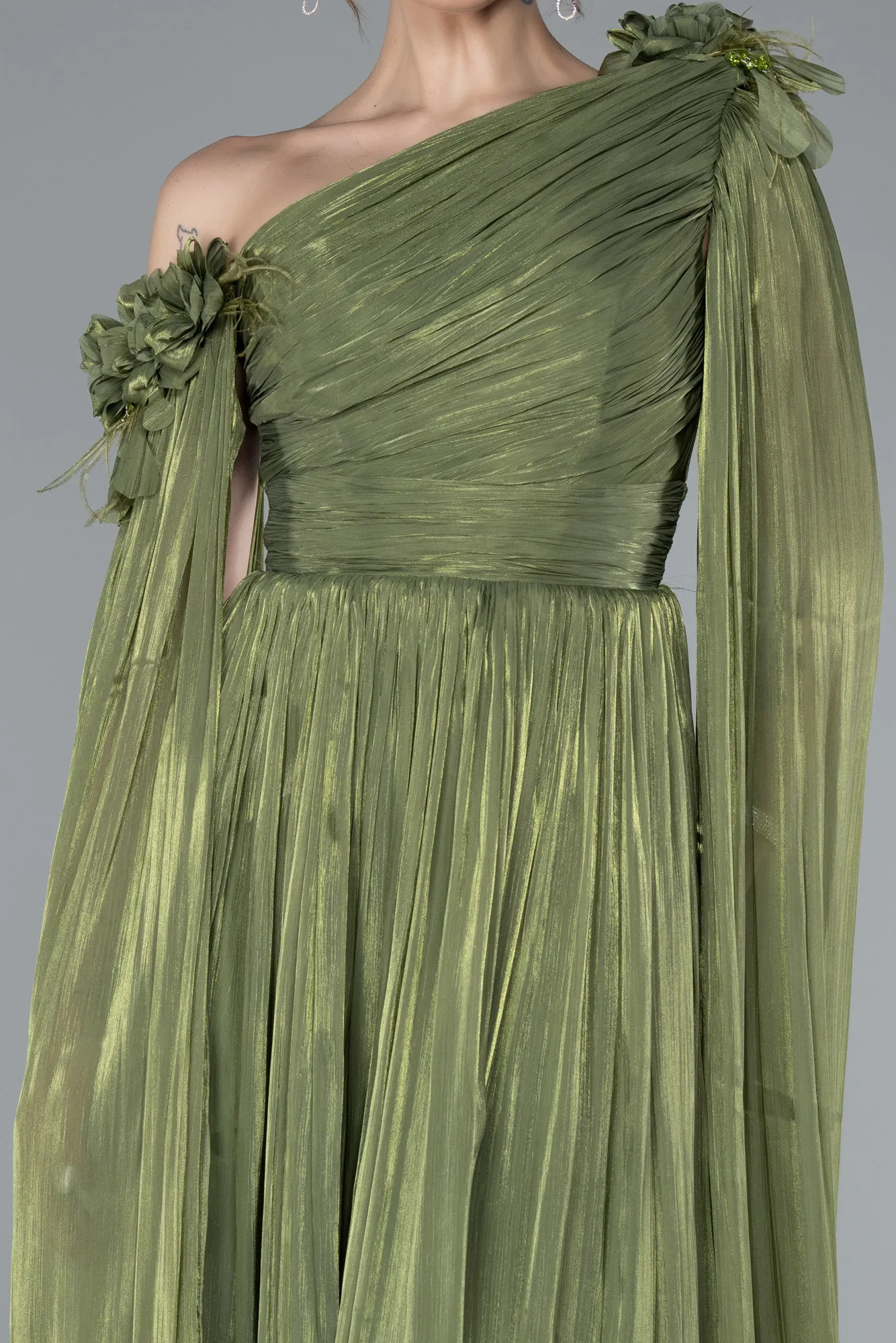 Olive Drab-One Shoulder Shawl Sleeve Long Chiffon Evening Dress ABU4809