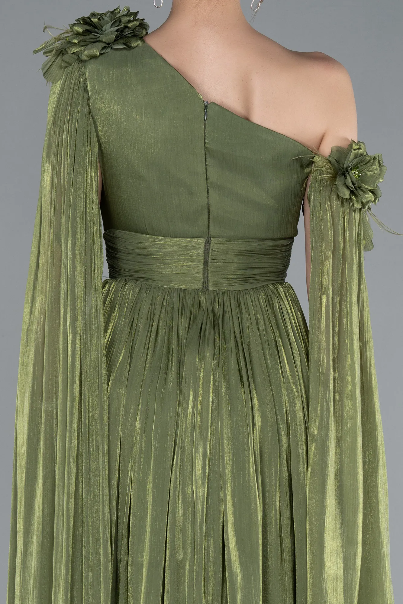 Olive Drab-One Shoulder Shawl Sleeve Long Chiffon Evening Dress ABU4809