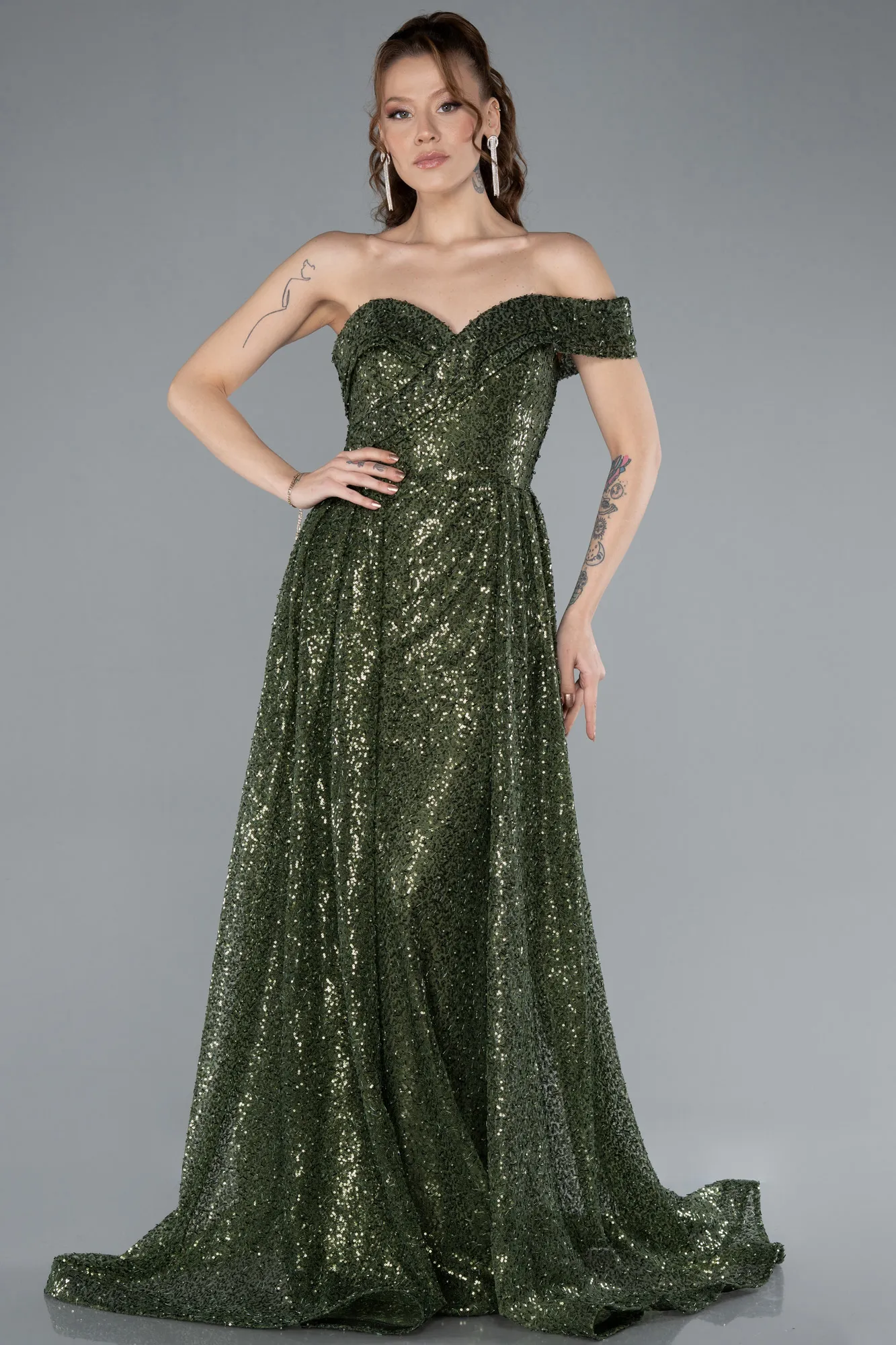 Olive Drab-One Shoulder Taıled Sequined Long Evening Gown ABU4691