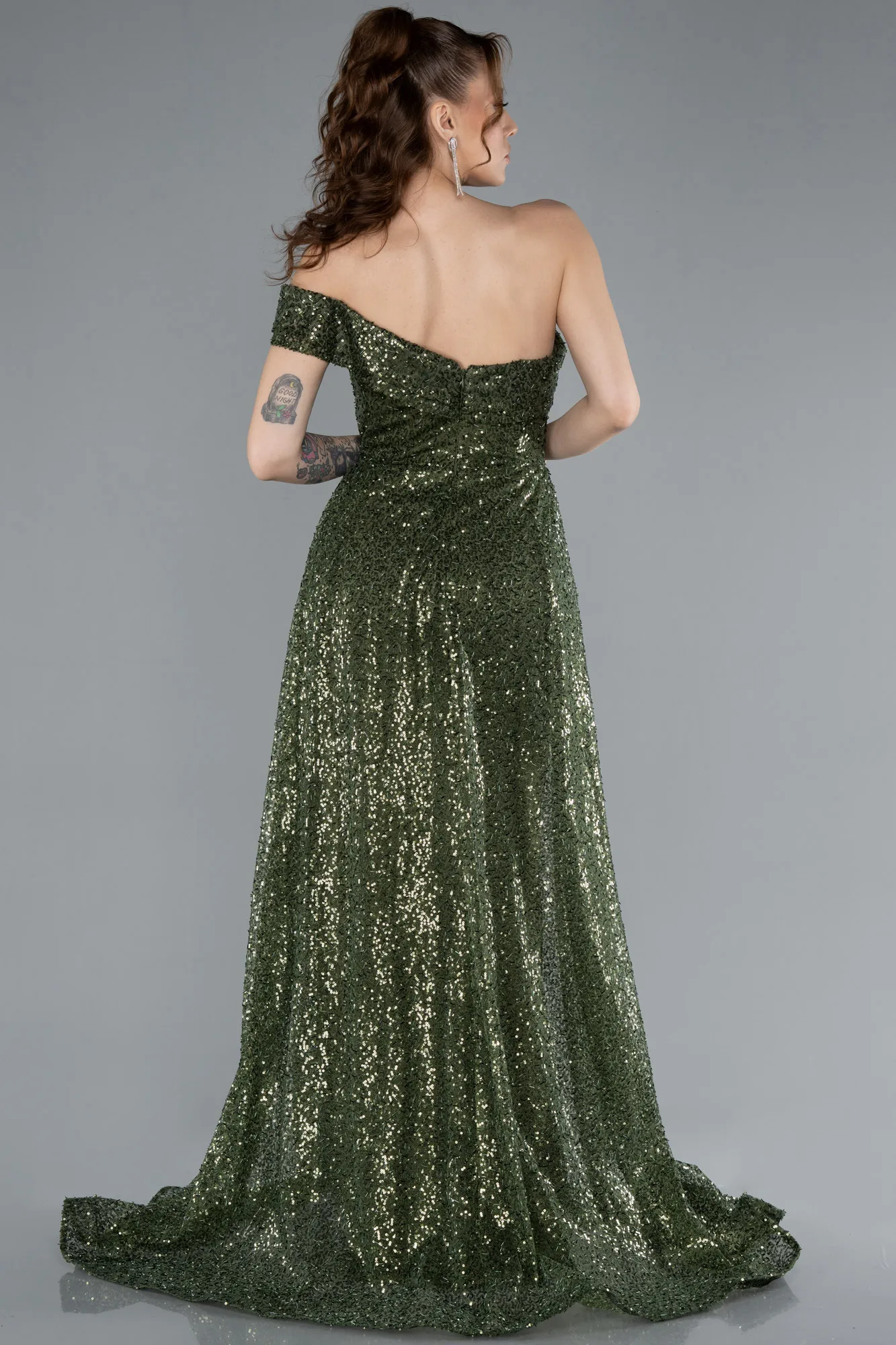 Olive Drab-One Shoulder Taıled Sequined Long Evening Gown ABU4691