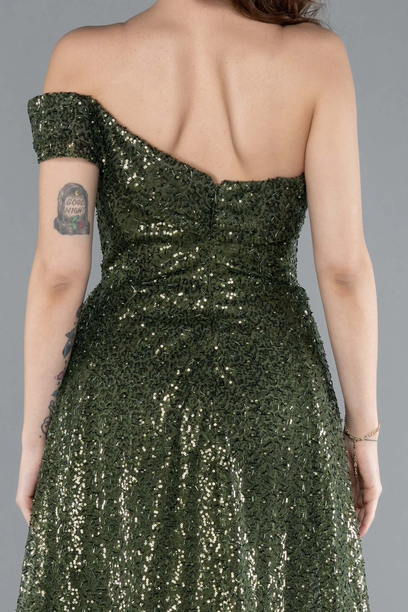 Olive Drab-One Shoulder Taıled Sequined Long Evening Gown ABU4691