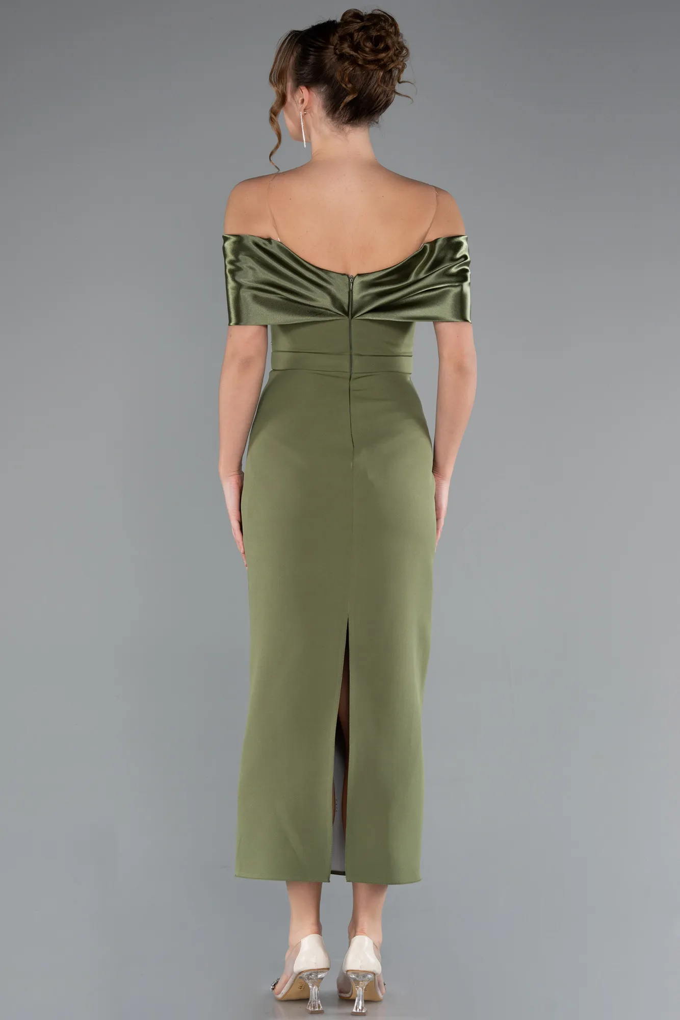 Olive Drab-Satin Boat Neck Stone Midi Evening Dress ABK2212