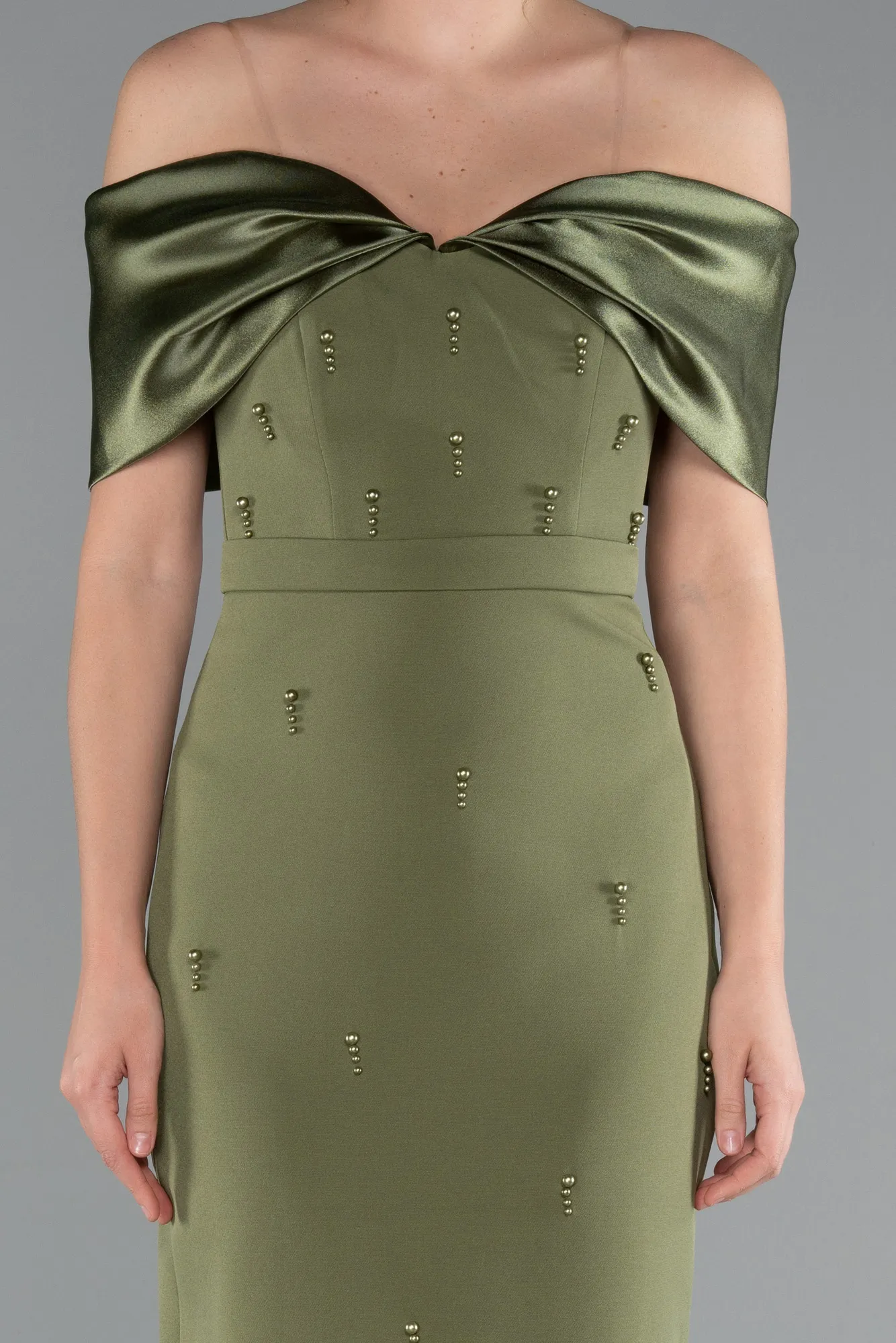 Olive Drab-Satin Boat Neck Stone Midi Evening Dress ABK2212