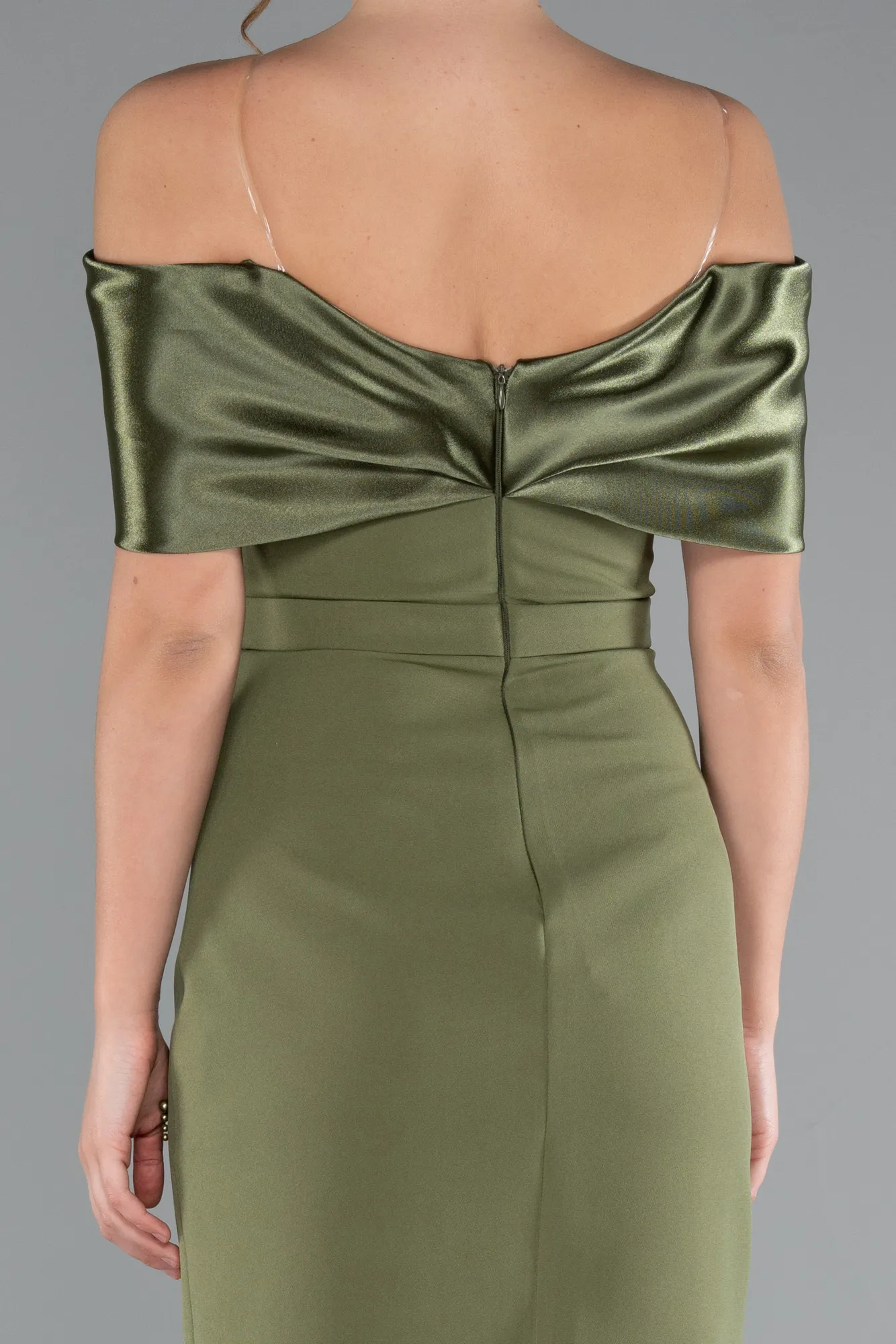 Olive Drab-Satin Boat Neck Stone Midi Evening Dress ABK2212