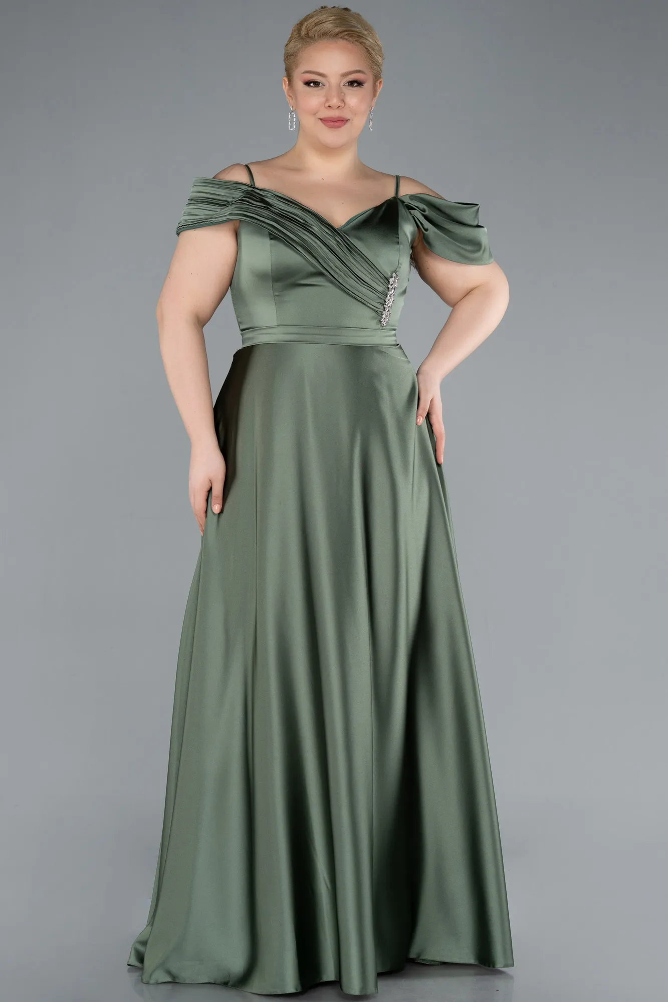 Olive Drab-Satin Off Shoulder Long Satin Plus Size Evening Gown ABU4869