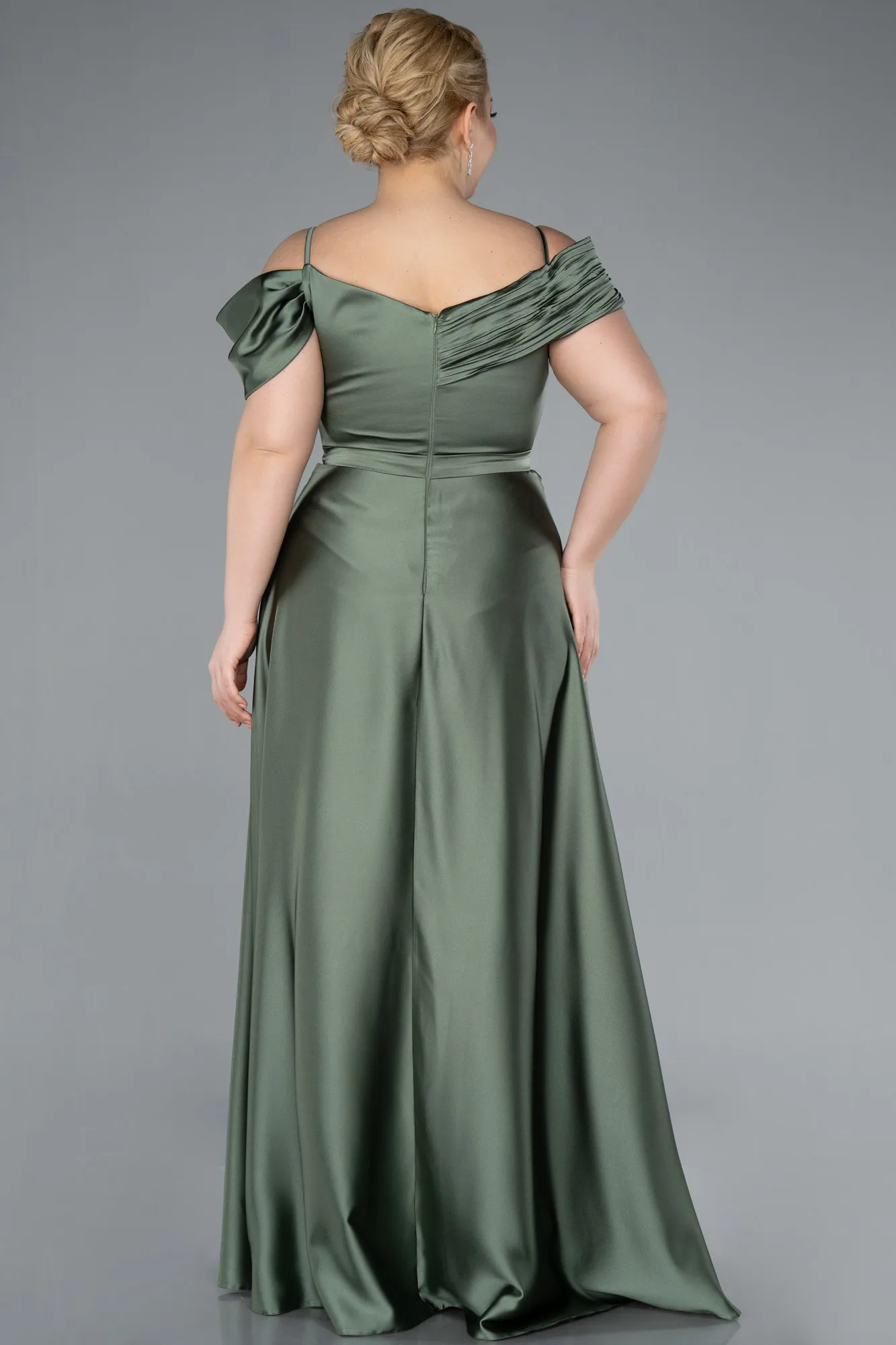 Olive Drab-Satin Off Shoulder Long Satin Plus Size Evening Gown ABU4869