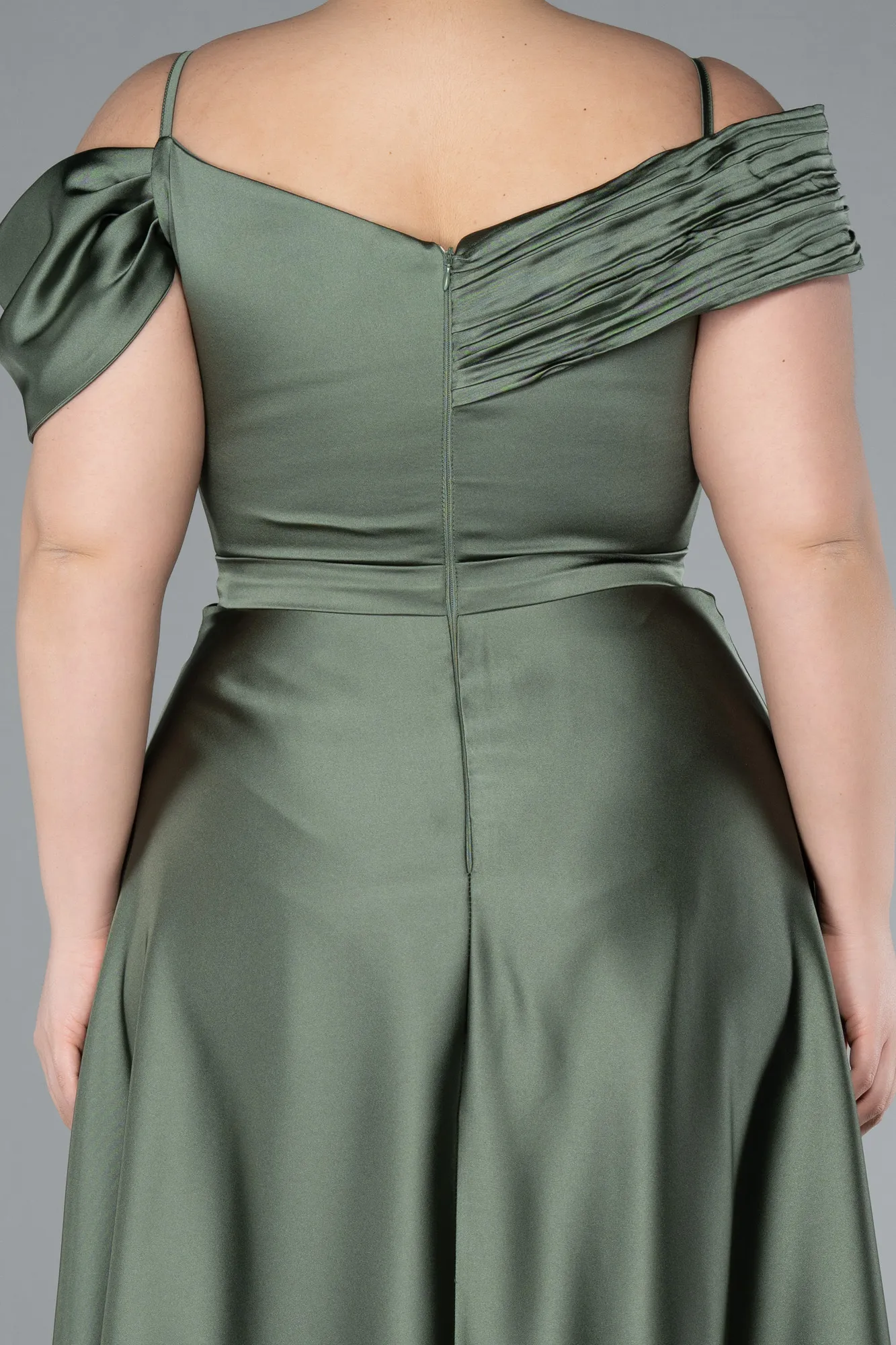 Olive Drab-Satin Off Shoulder Long Satin Plus Size Evening Gown ABU4869