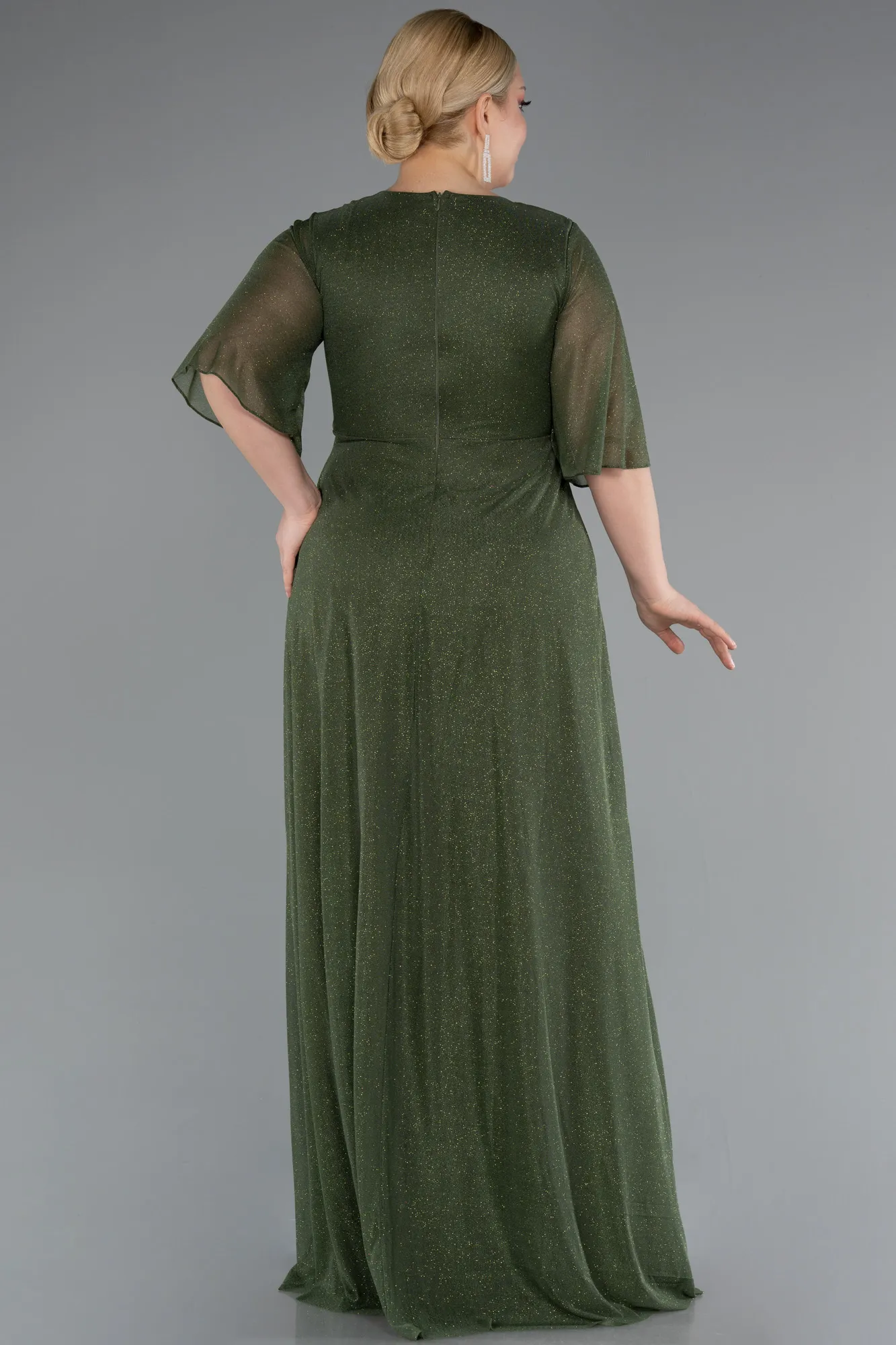 Olive Drab-Short Sleeve V Neck Long Glittery Plus Size Evening Dress ABU4887