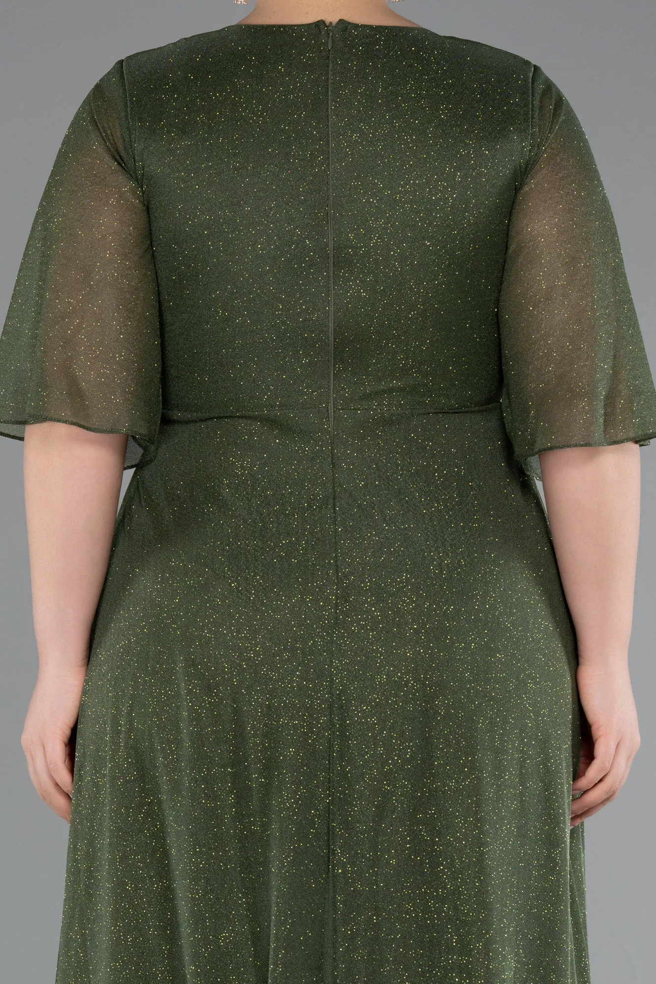 Olive Drab-Short Sleeve V Neck Long Glittery Plus Size Evening Dress ABU4887