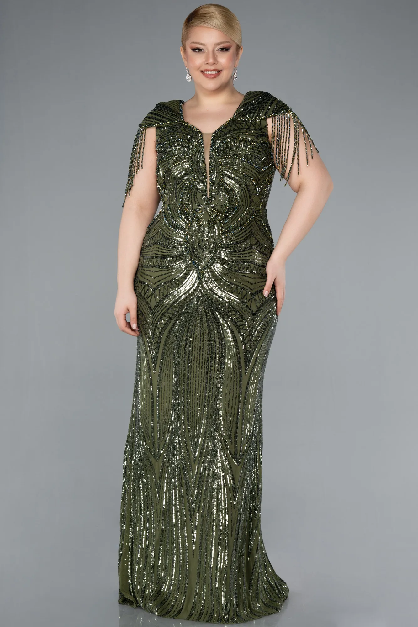 Olive Drab-Short Sleeve V Neck Long Sequin Plus Size Evening Gown ABU4821