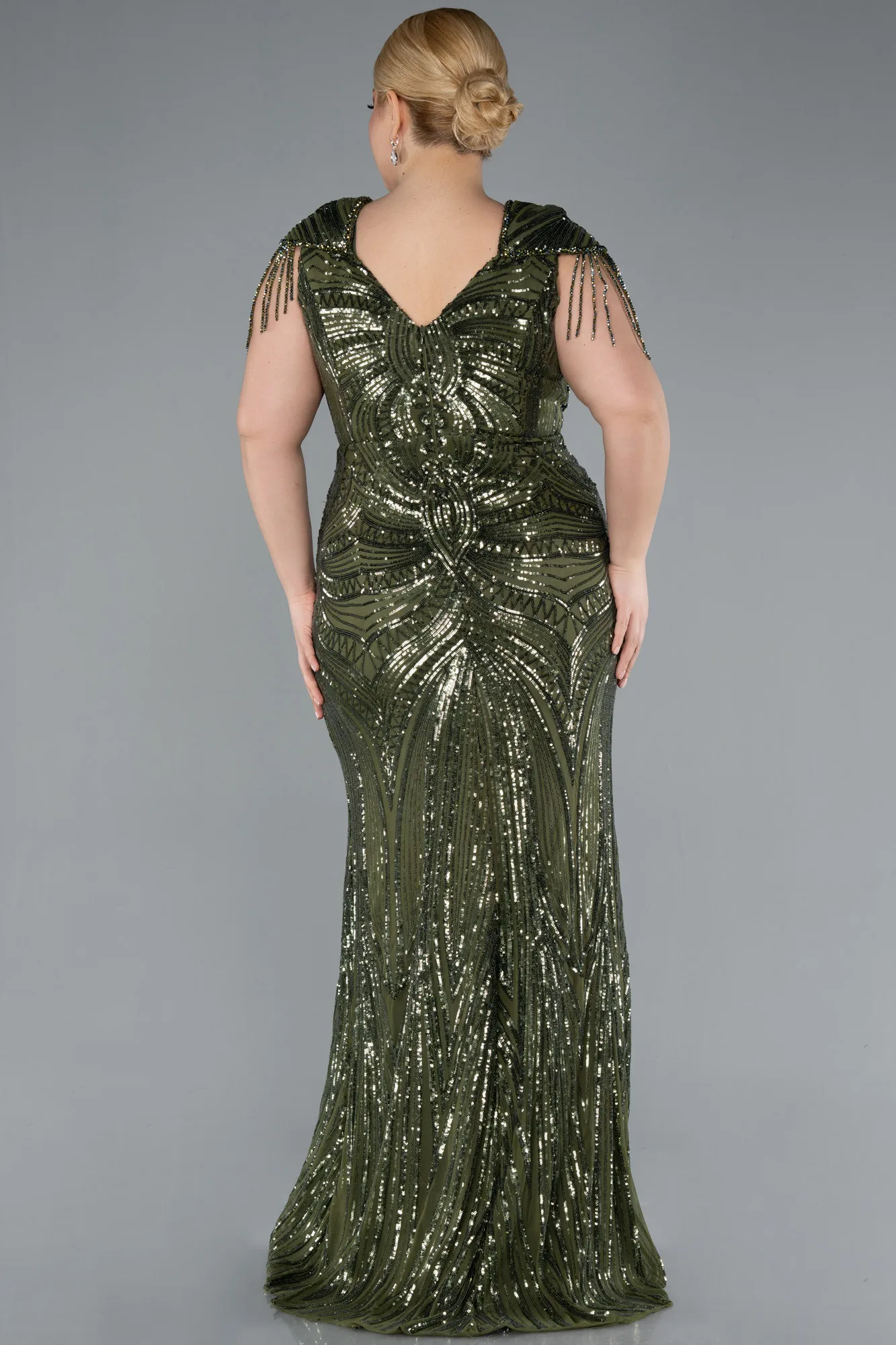 Olive Drab-Short Sleeve V Neck Long Sequin Plus Size Evening Gown ABU4821