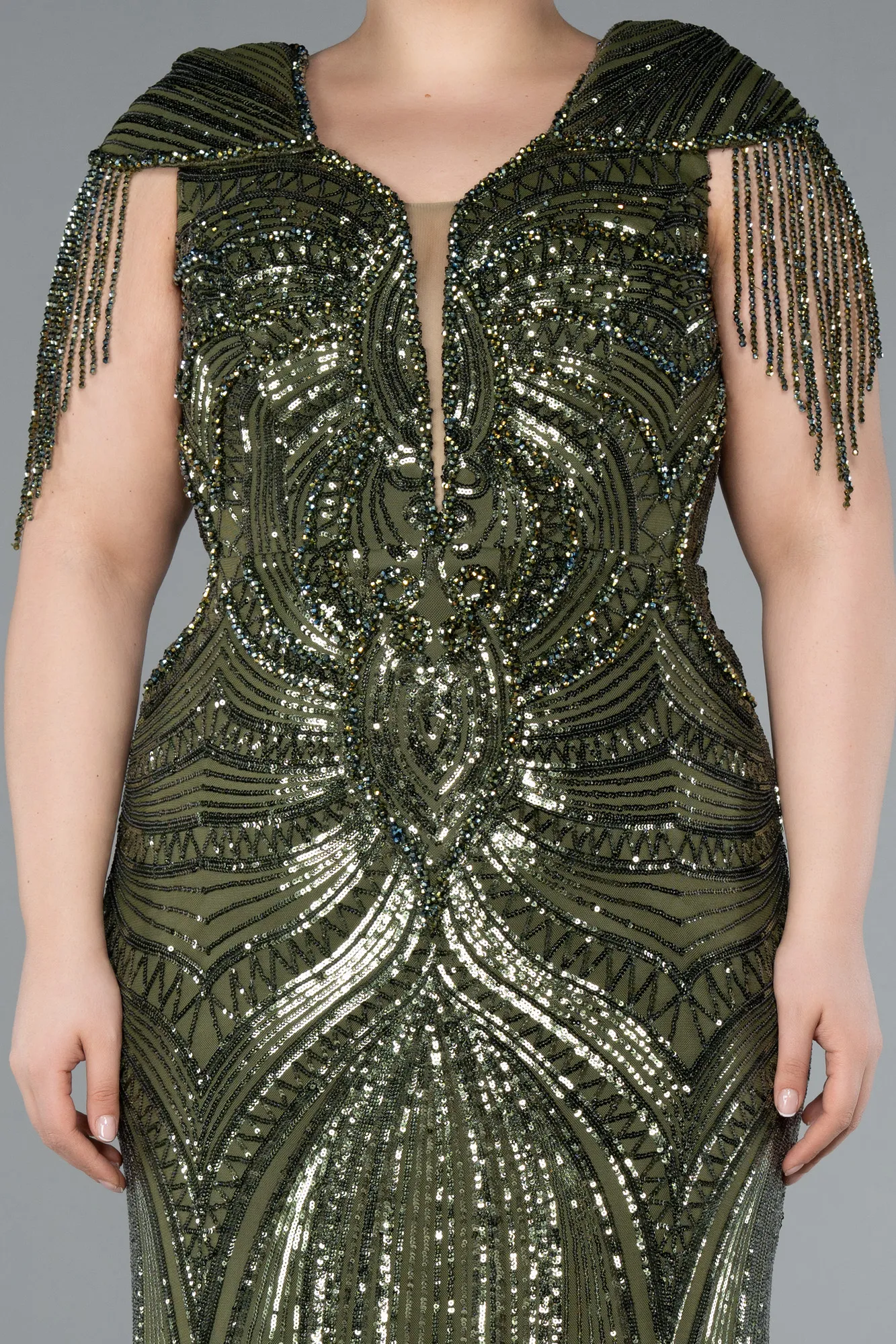 Olive Drab-Short Sleeve V Neck Long Sequin Plus Size Evening Gown ABU4821