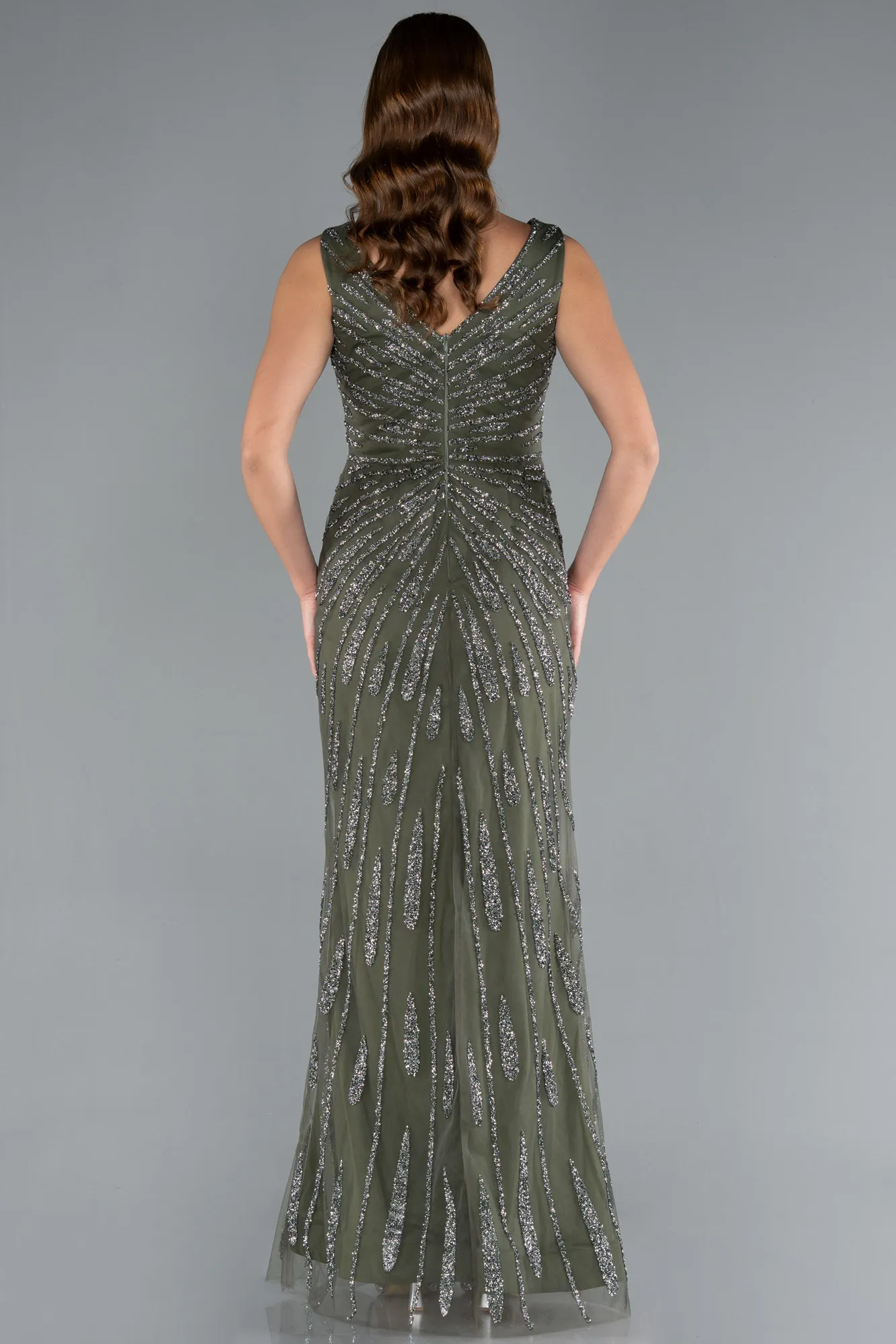 Olive Drab-Sleeveless V Neck Slit Stone Evening Gown ABU4714
