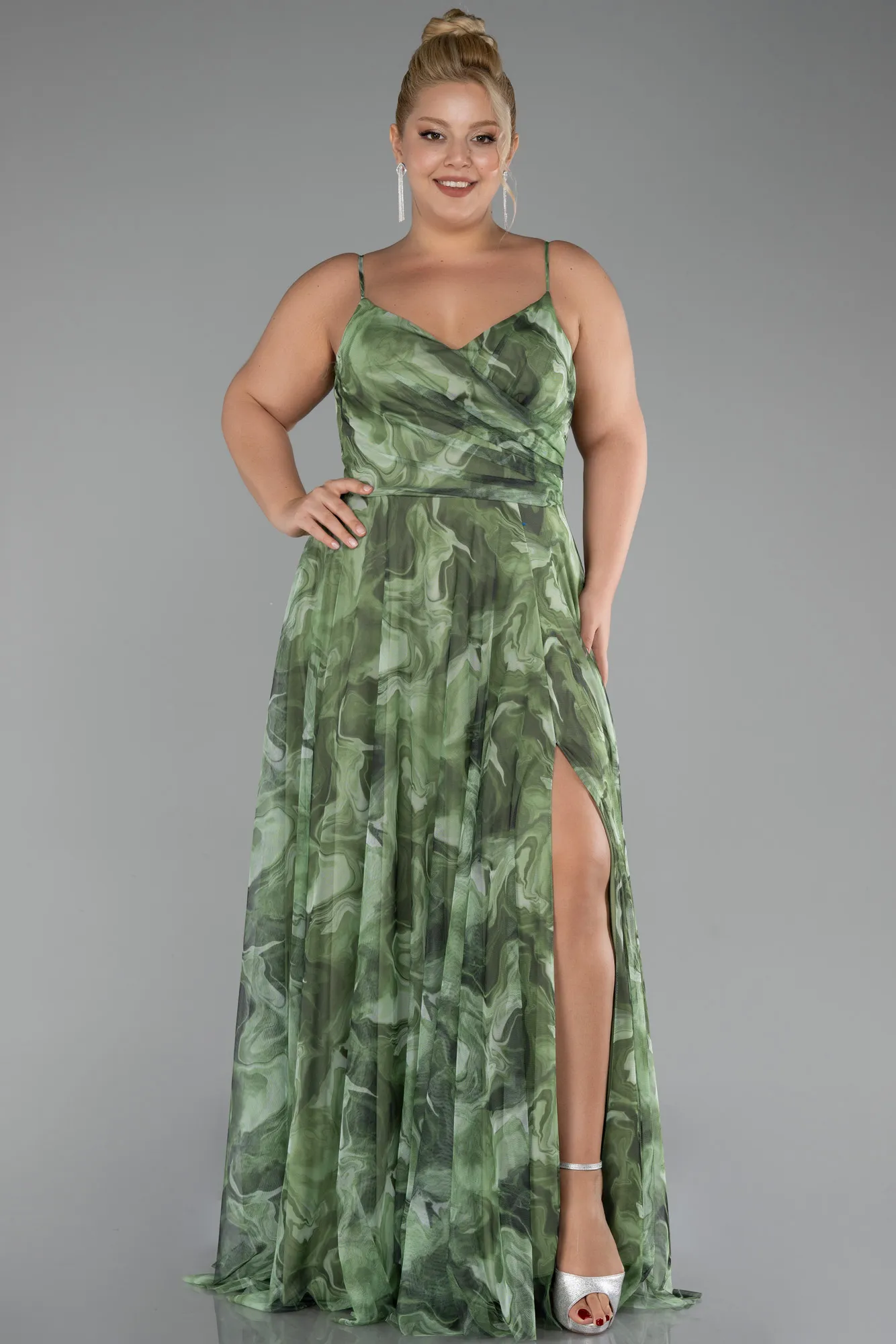 Olive Drab-Slit Long Patterned Plus Size Prom Dress ABU4355