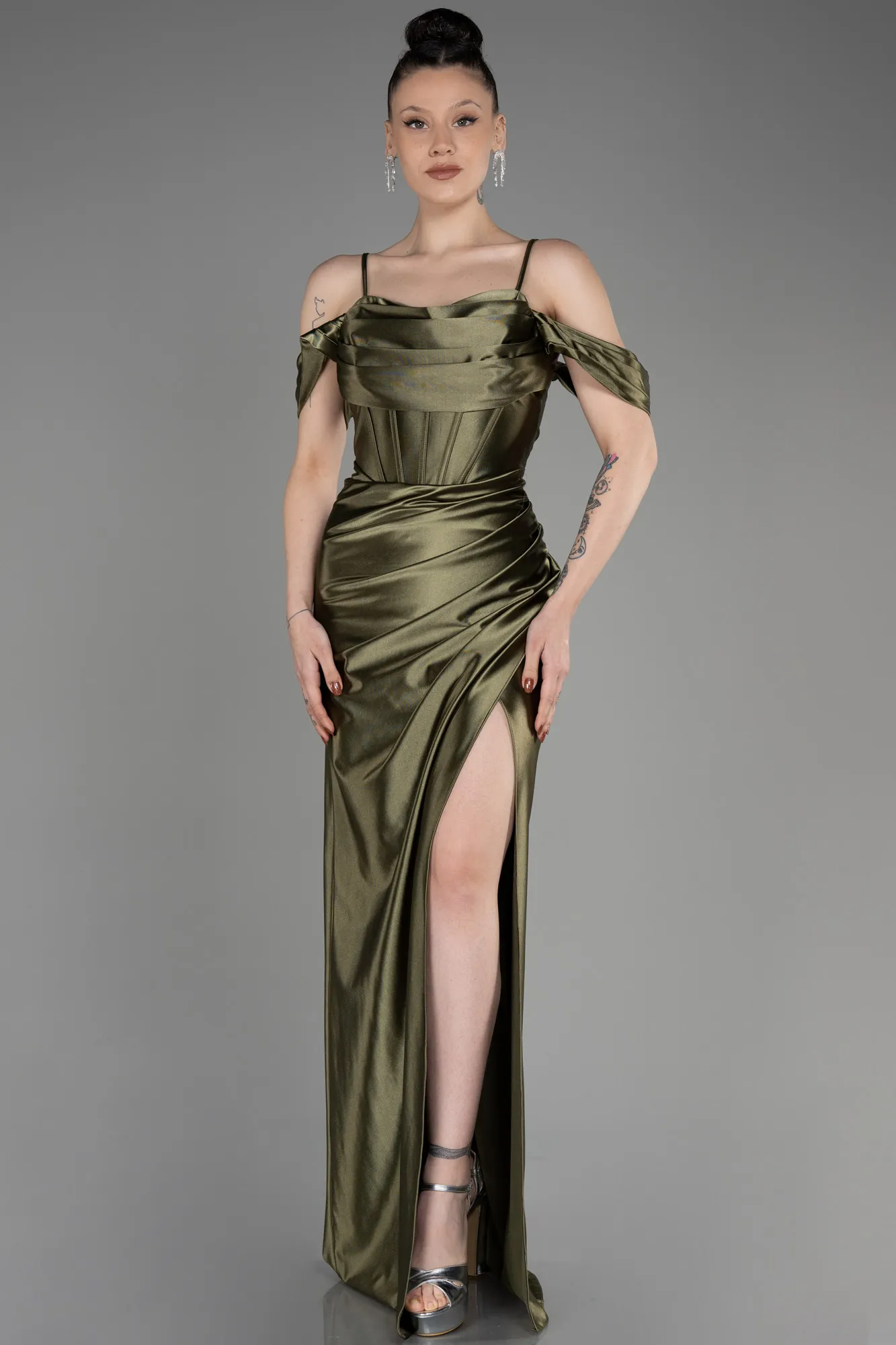 Olive Drab-Slit Long Satin Evening Dress ABU3840