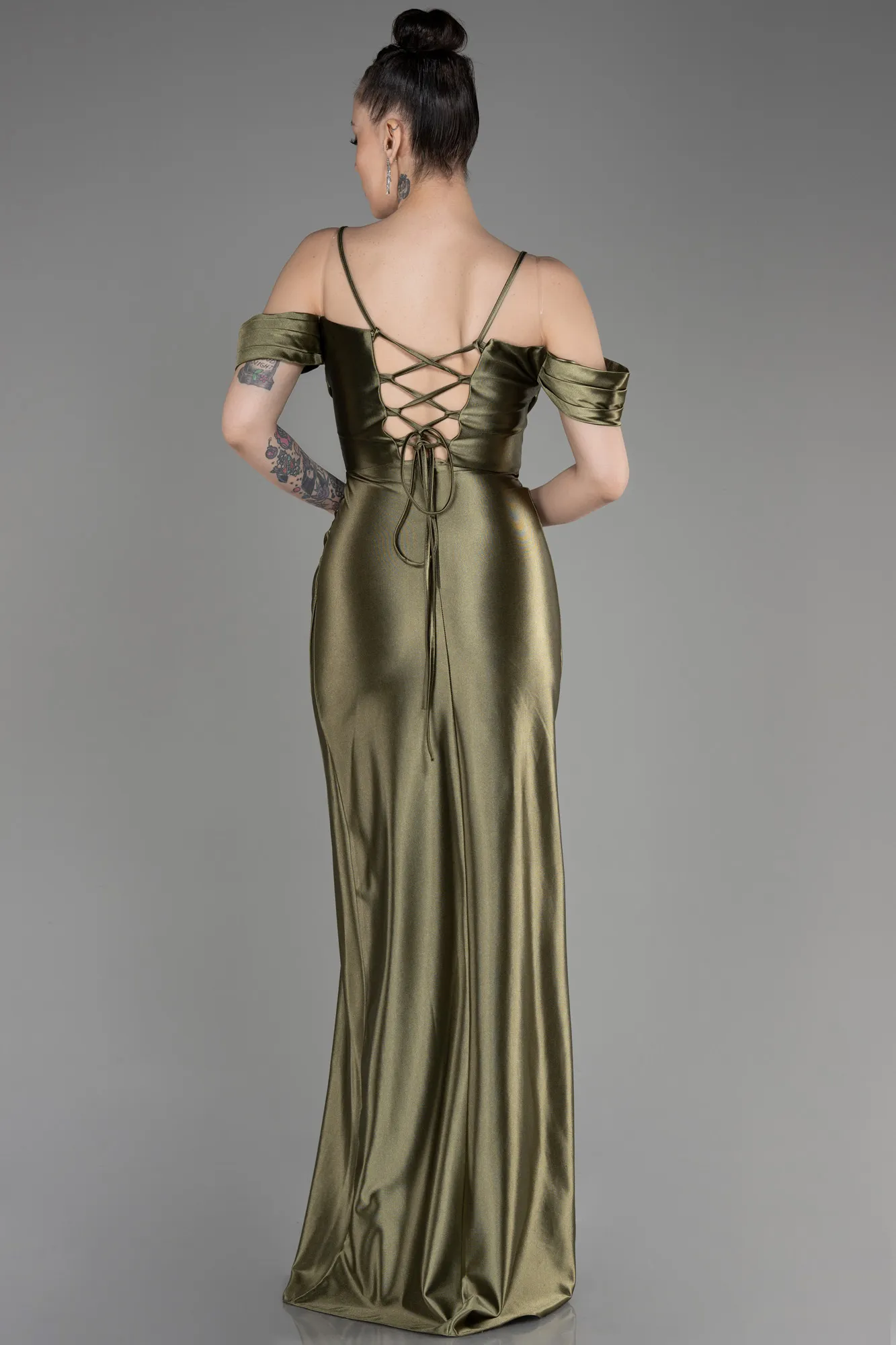 Olive Drab-Slit Long Satin Evening Dress ABU3840