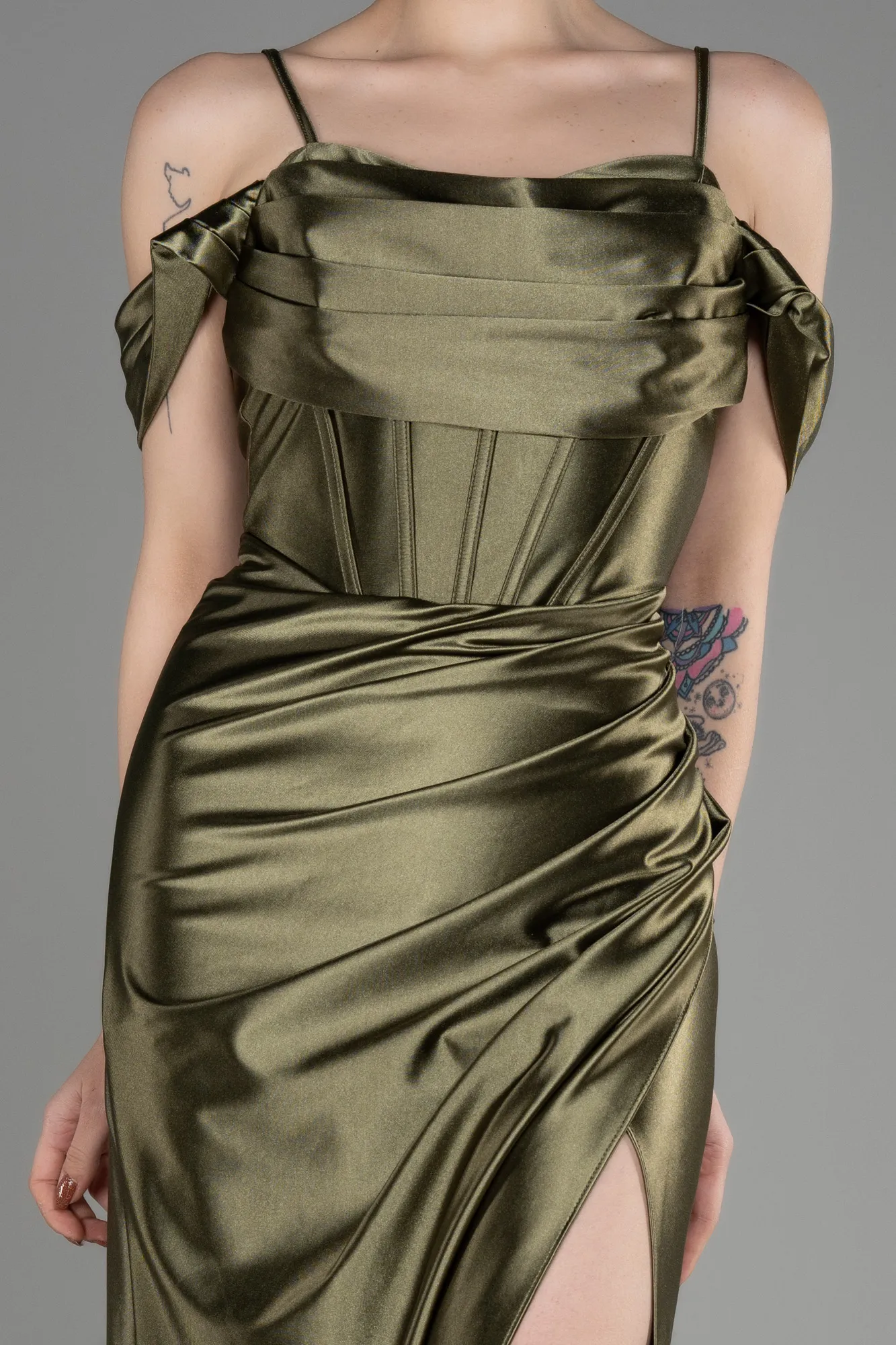 Olive Drab-Slit Long Satin Evening Dress ABU3840
