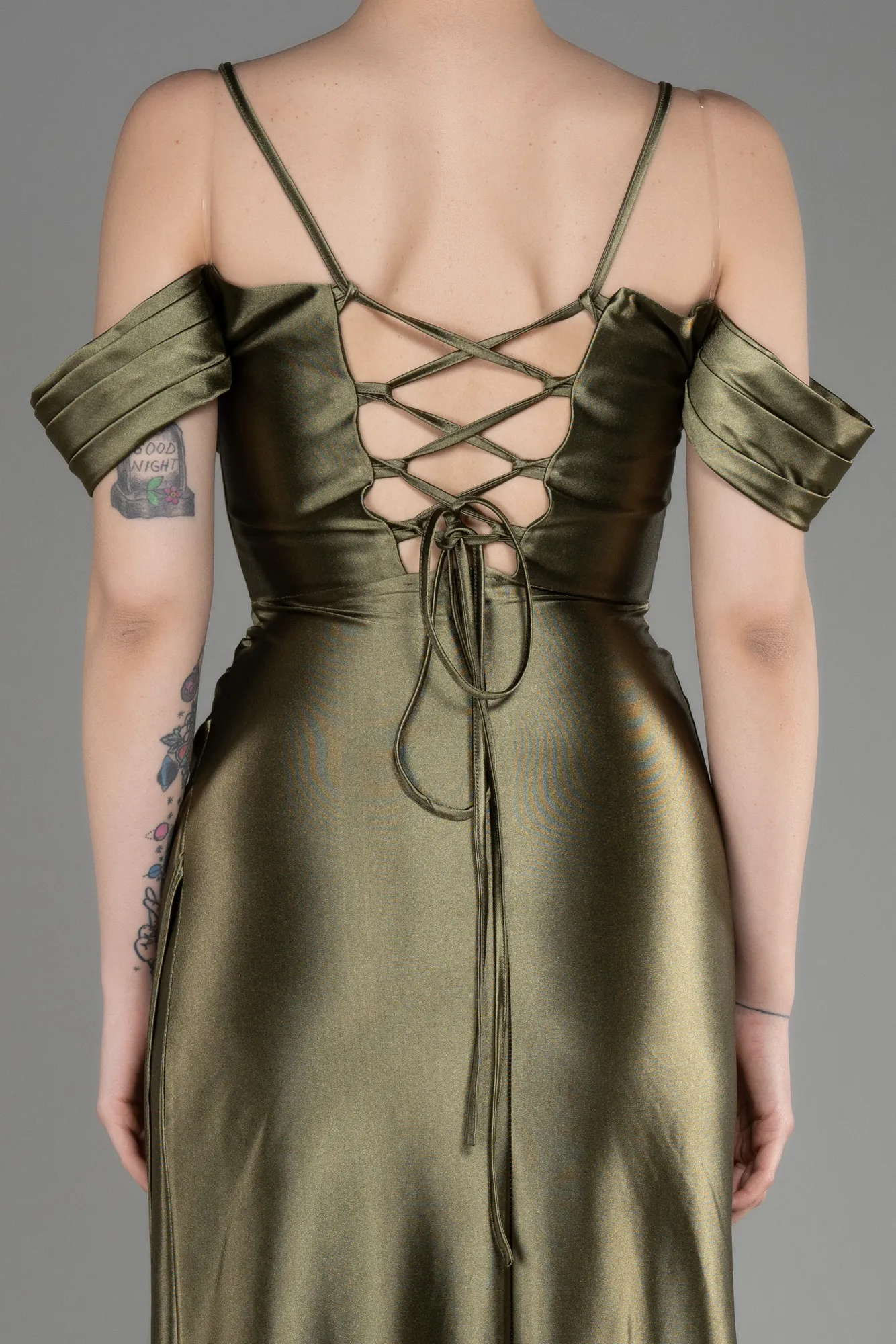 Olive Drab-Slit Long Satin Evening Dress ABU3840