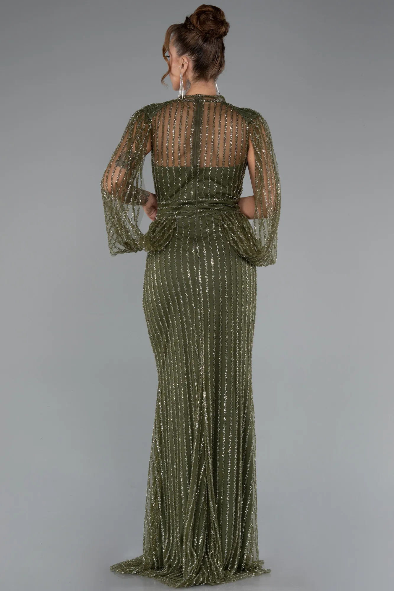 Olive Drab-Stoned Long Evening Gown ABU3981