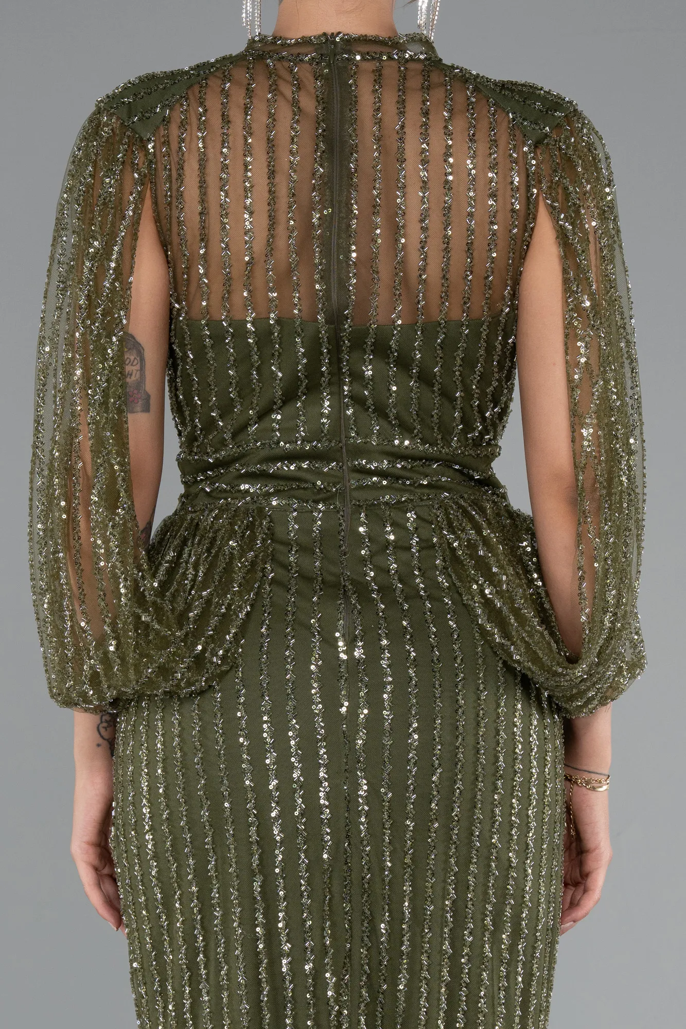 Olive Drab-Stoned Long Evening Gown ABU3981