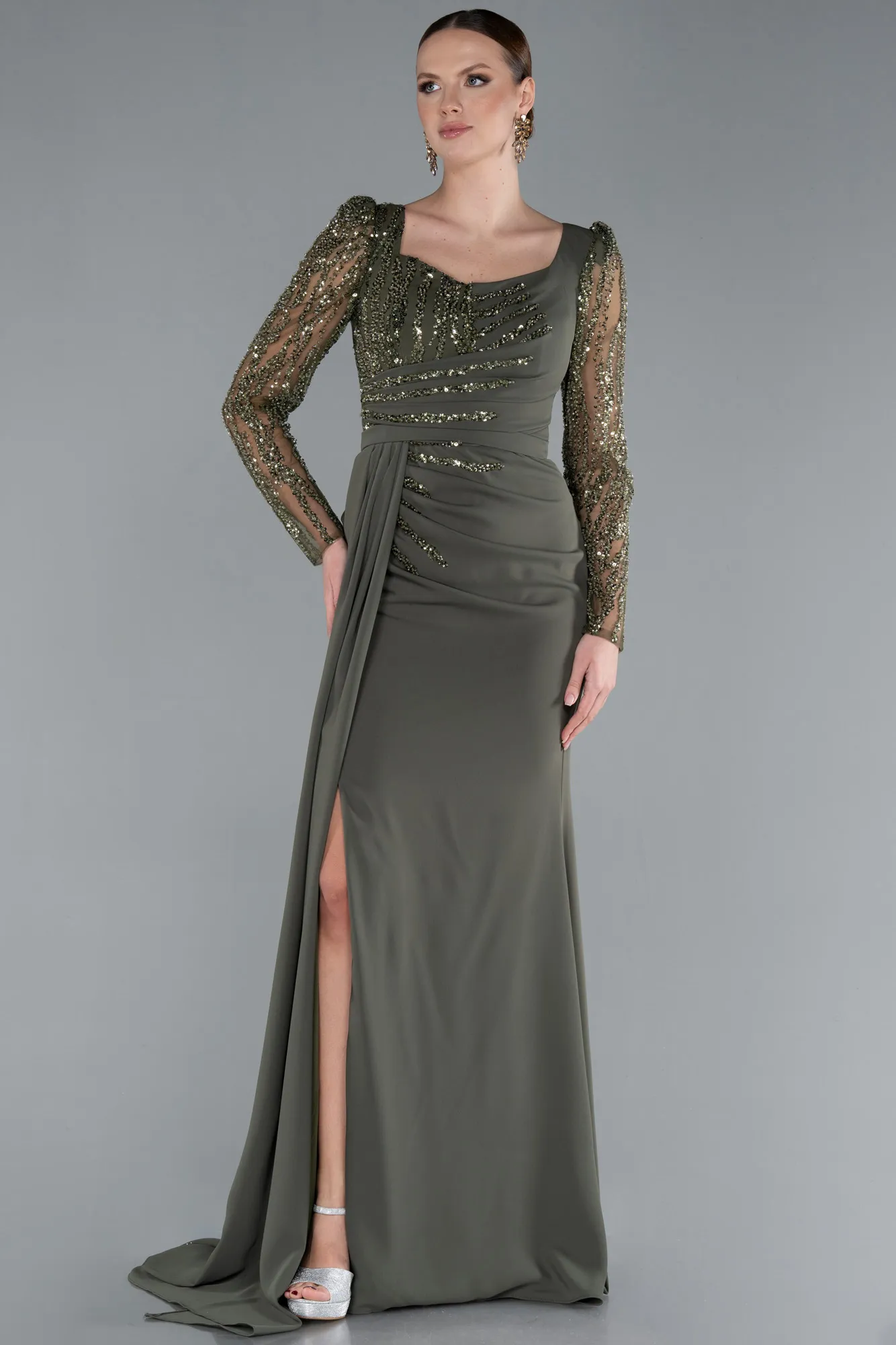 Olive Drab-Stoned Long Sleeve Slit Chiffon Evening Gown ABU4732