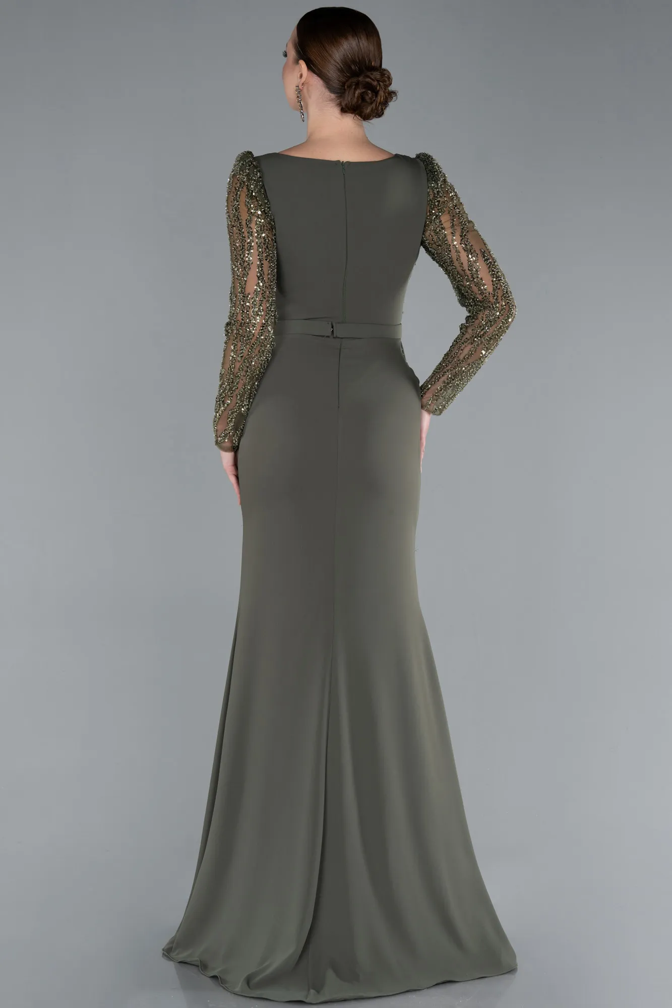 Olive Drab-Stoned Long Sleeve Slit Chiffon Evening Gown ABU4732