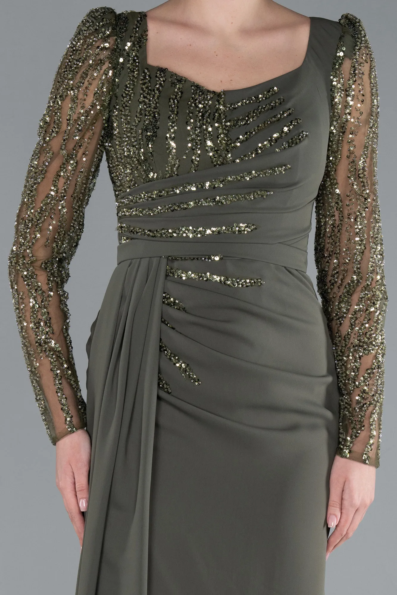 Olive Drab-Stoned Long Sleeve Slit Chiffon Evening Gown ABU4732