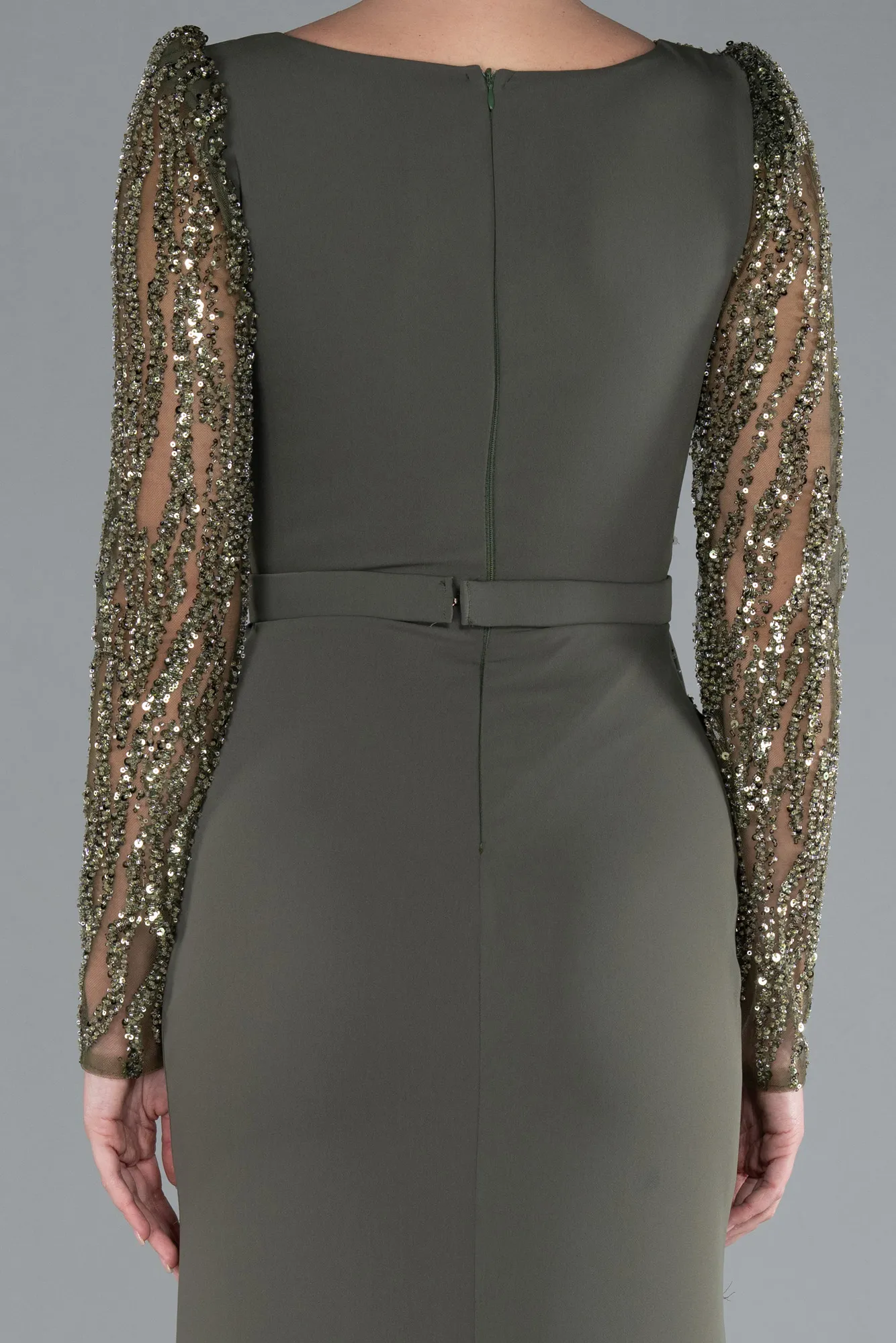 Olive Drab-Stoned Long Sleeve Slit Chiffon Evening Gown ABU4732