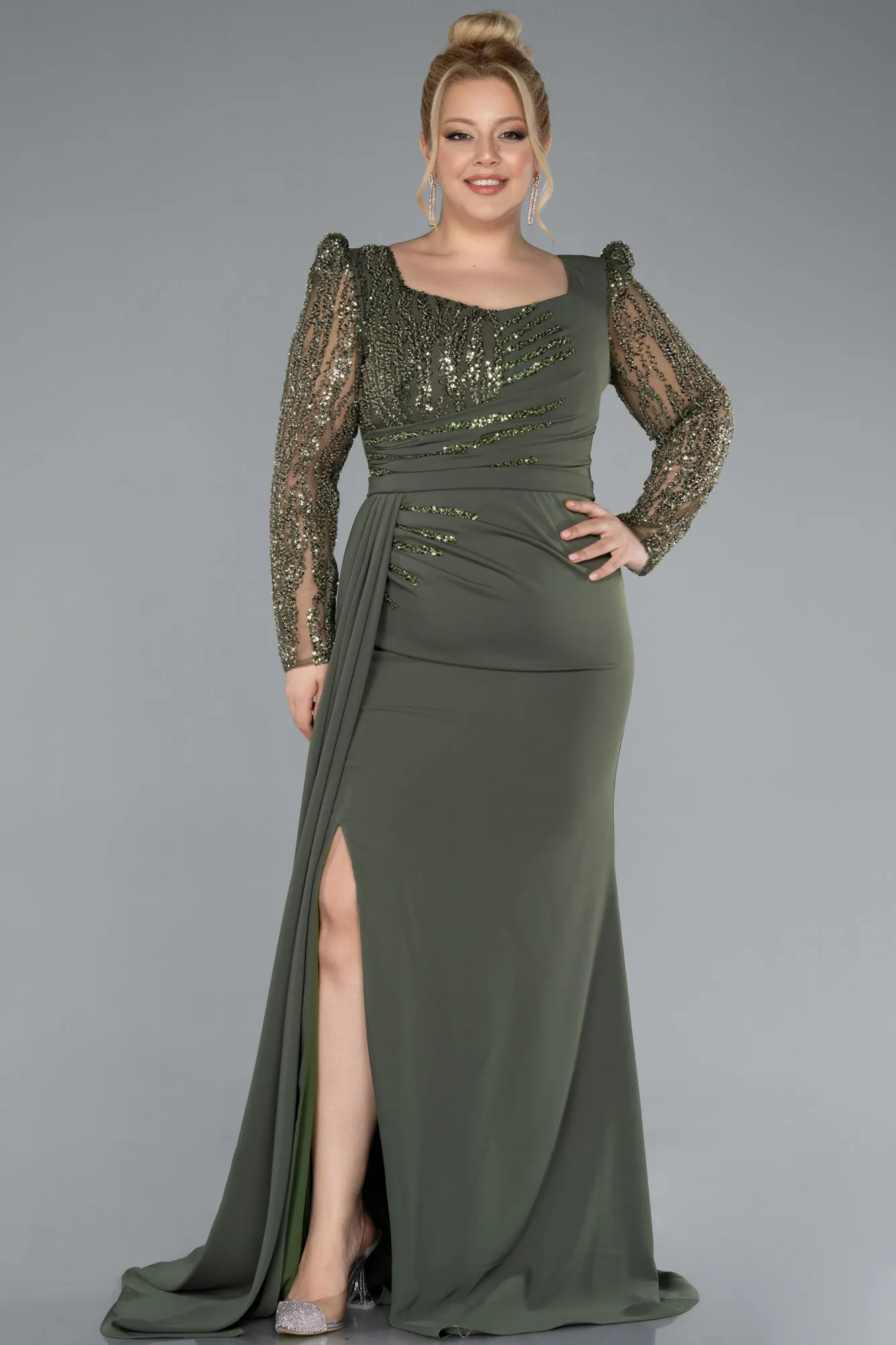 Olive Drab-Stoned Long Sleeve Slit Chiffon Formal Plus Size Dress ABU4733