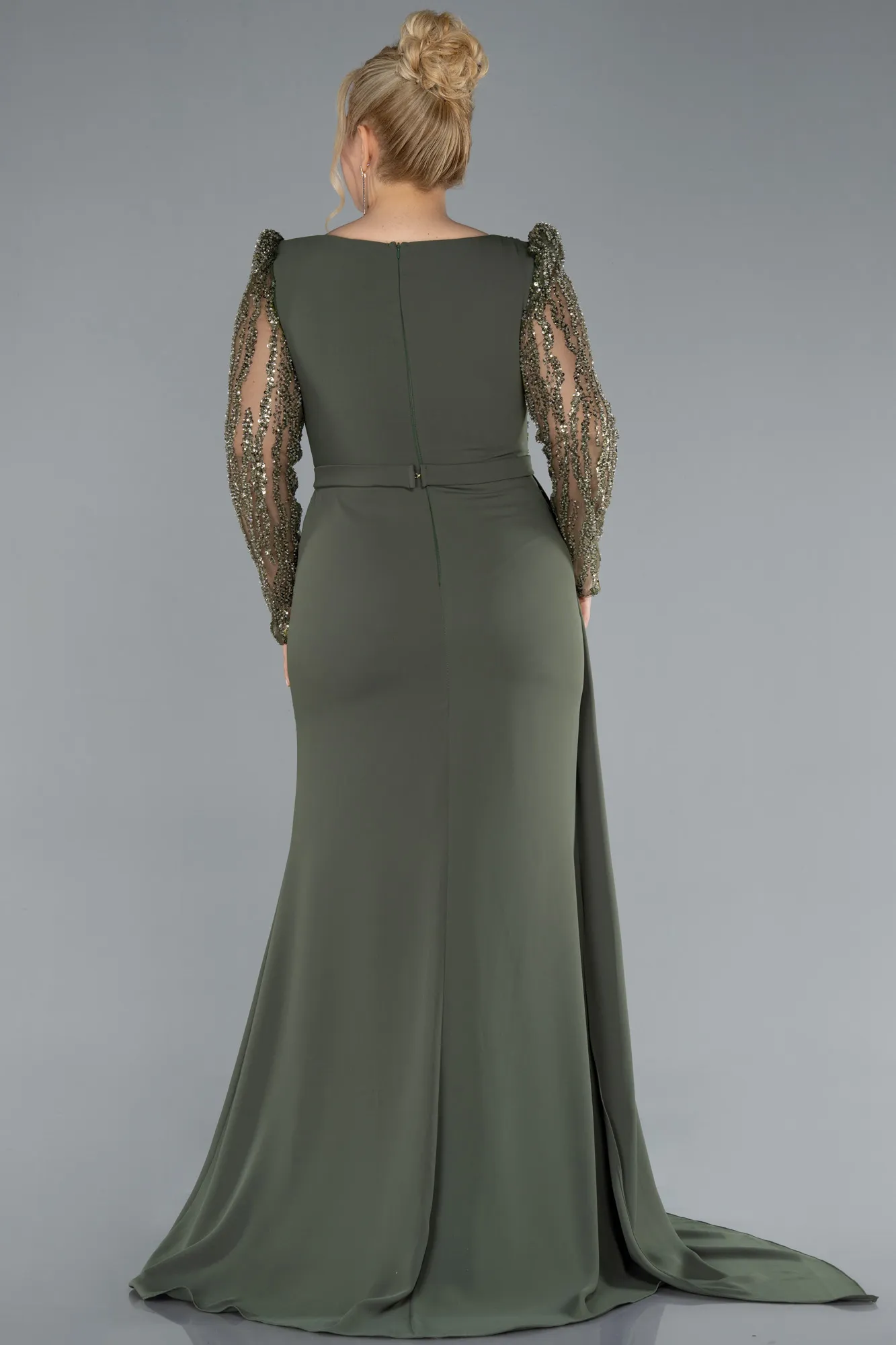 Olive Drab-Stoned Long Sleeve Slit Chiffon Formal Plus Size Dress ABU4733