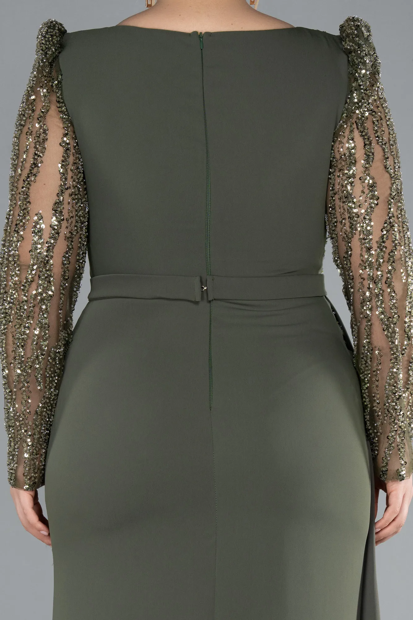 Olive Drab-Stoned Long Sleeve Slit Chiffon Formal Plus Size Dress ABU4733