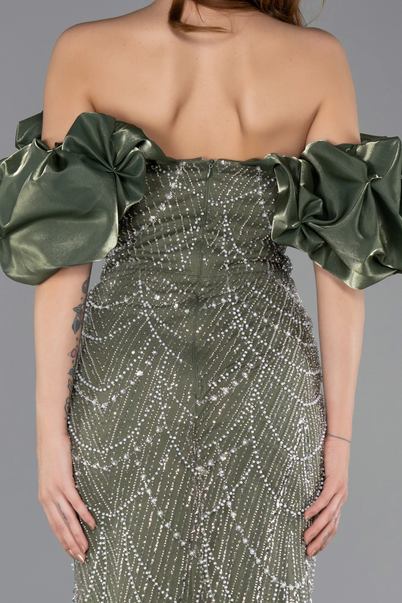 Olive Drab-Stoned Strapless Sleeve Accessories Long Mermaid Evening Gown ABU4509