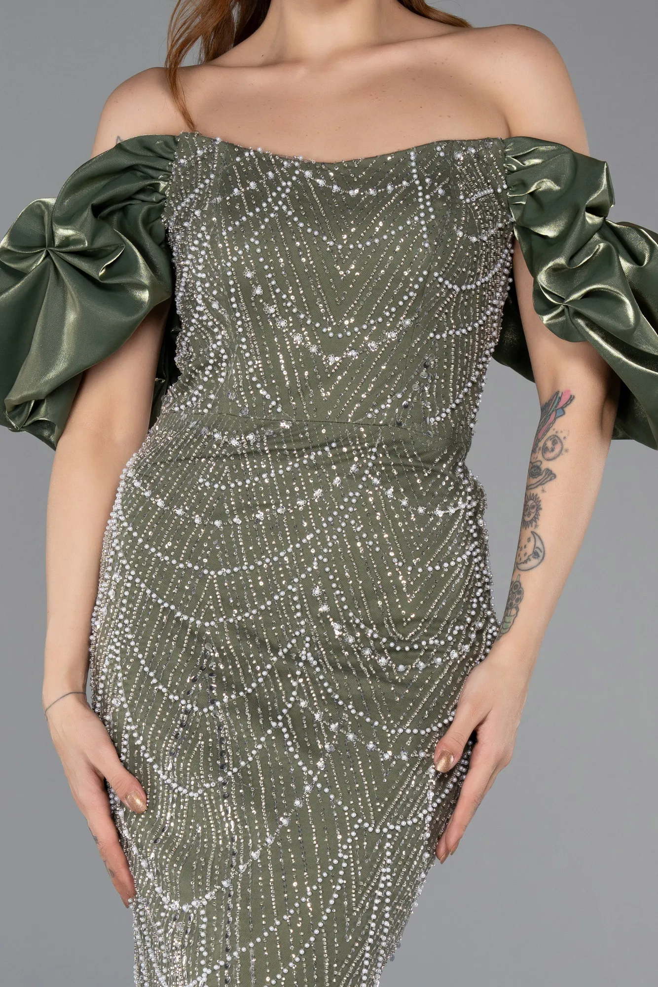 Olive Drab-Stoned Strapless Sleeve Accessories Long Mermaid Evening Gown ABU4509