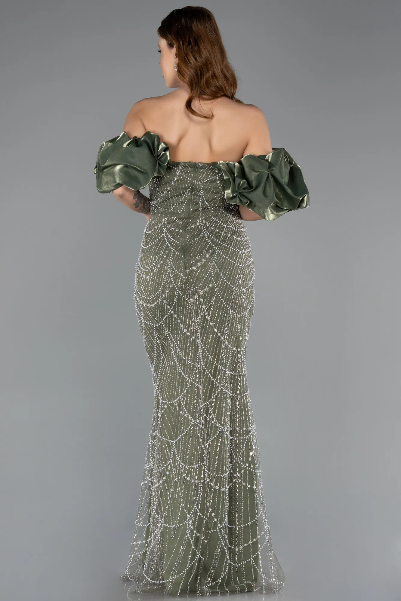 Olive Drab-Stoned Strapless Sleeve Accessories Long Mermaid Evening Gown ABU4509