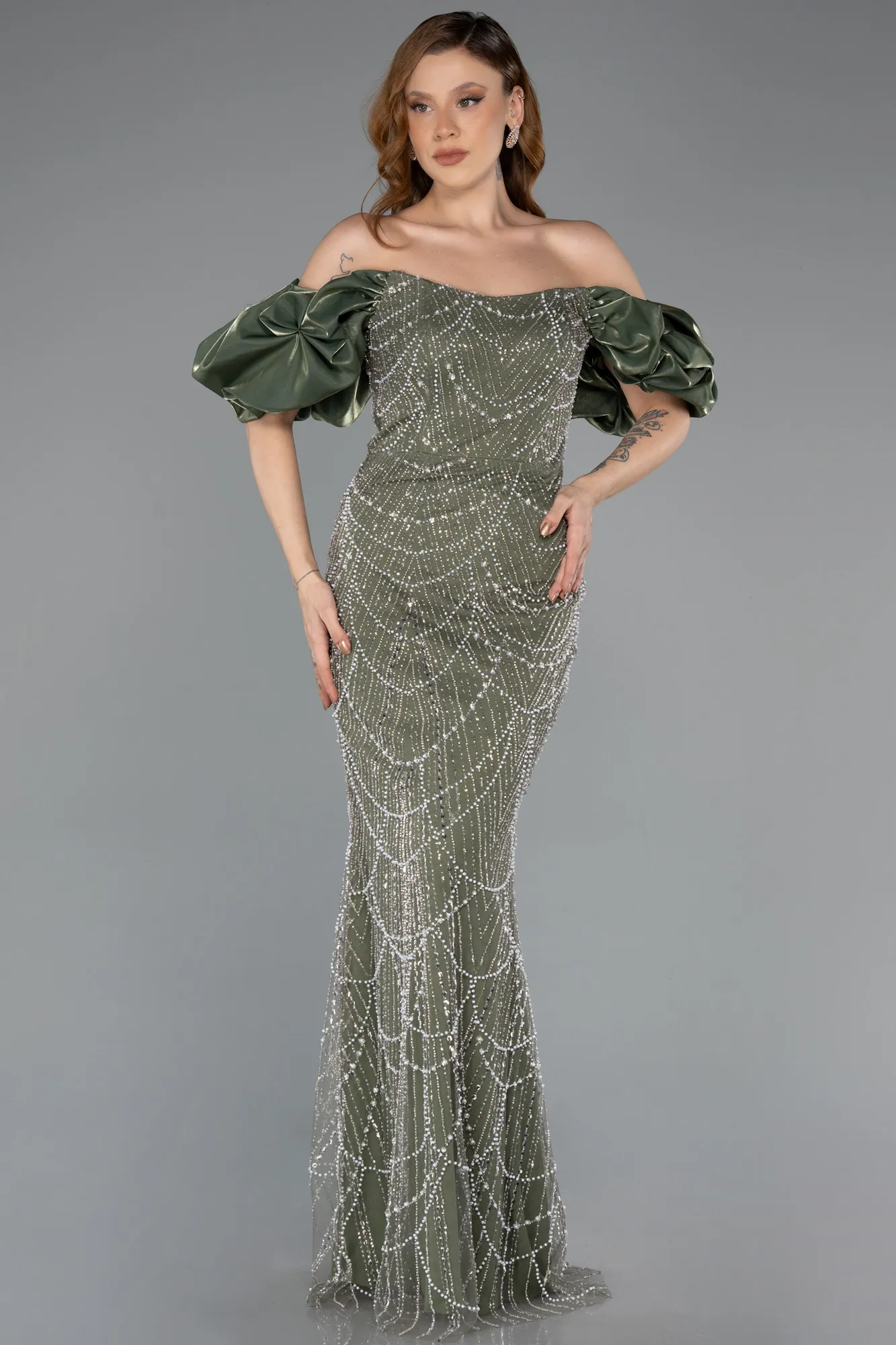 Olive Drab-Stoned Strapless Sleeve Accessories Long Mermaid Evening Gown ABU4509