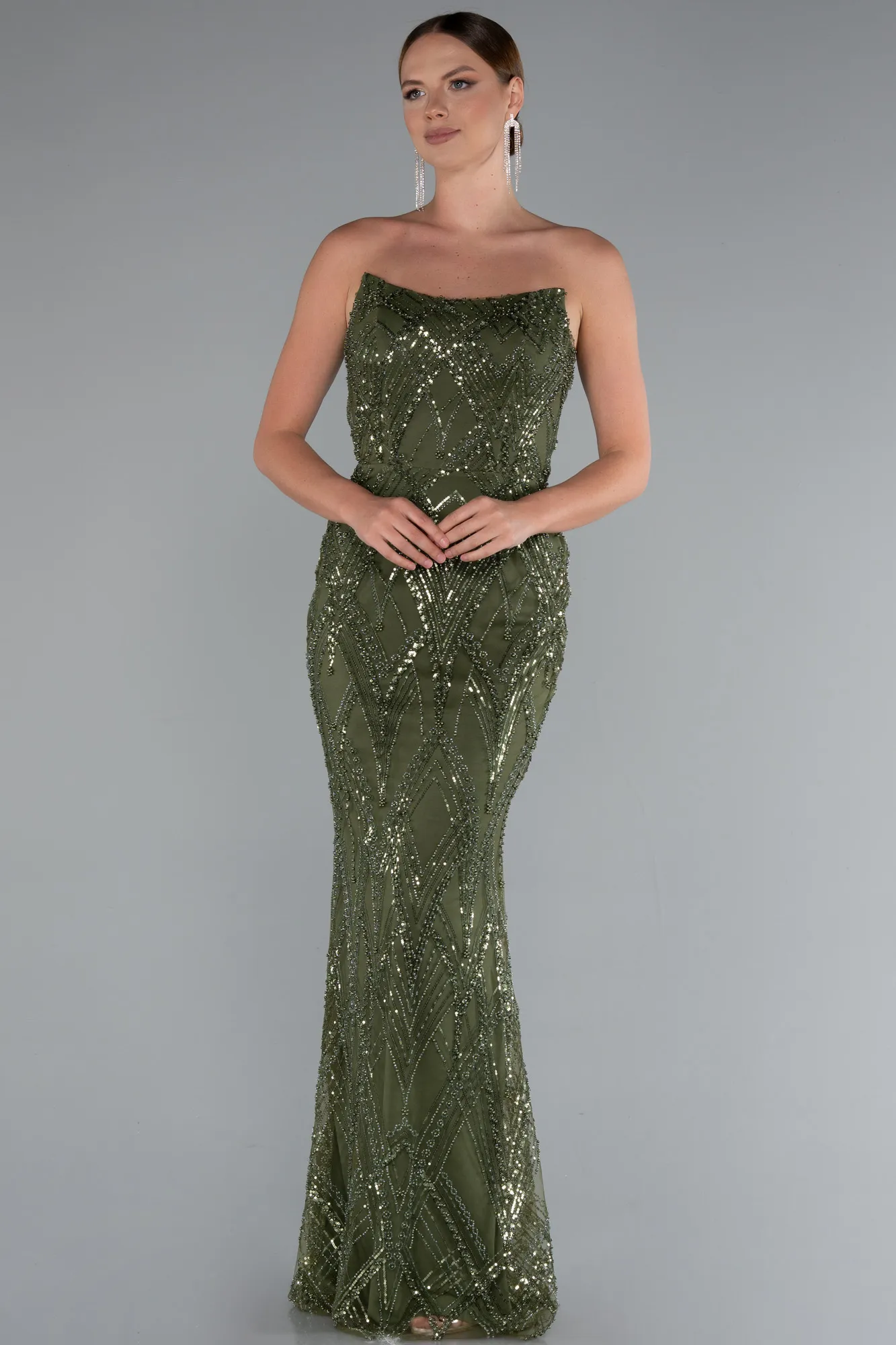 Olive Drab-Strapless Beaded Long Evening Gown ABU4775