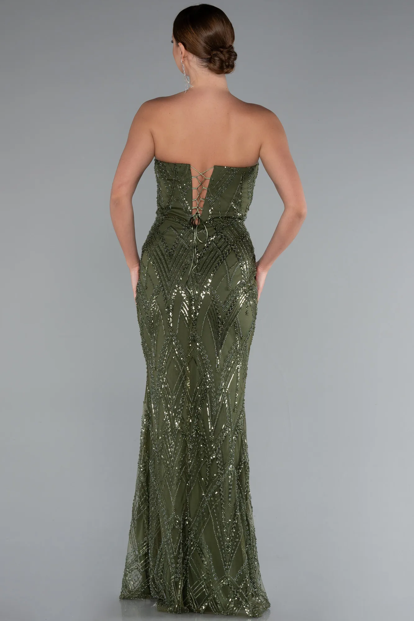 Olive Drab-Strapless Beaded Long Evening Gown ABU4775