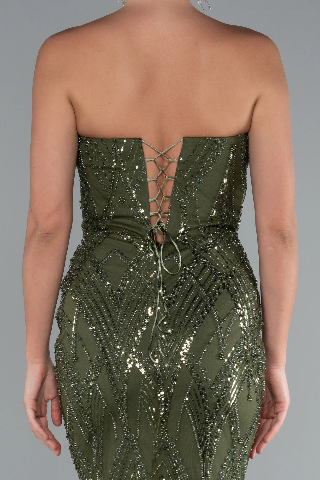 Olive Drab-Strapless Beaded Long Evening Gown ABU4775