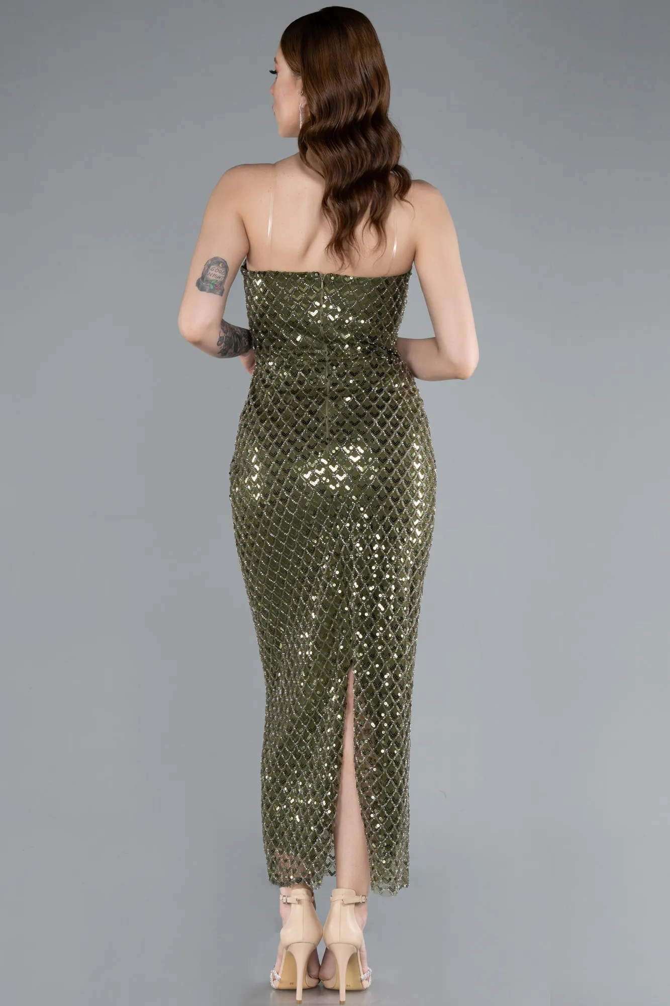 Olive Drab-Strapless Beaded Midi Cocktail Dress ABK2260