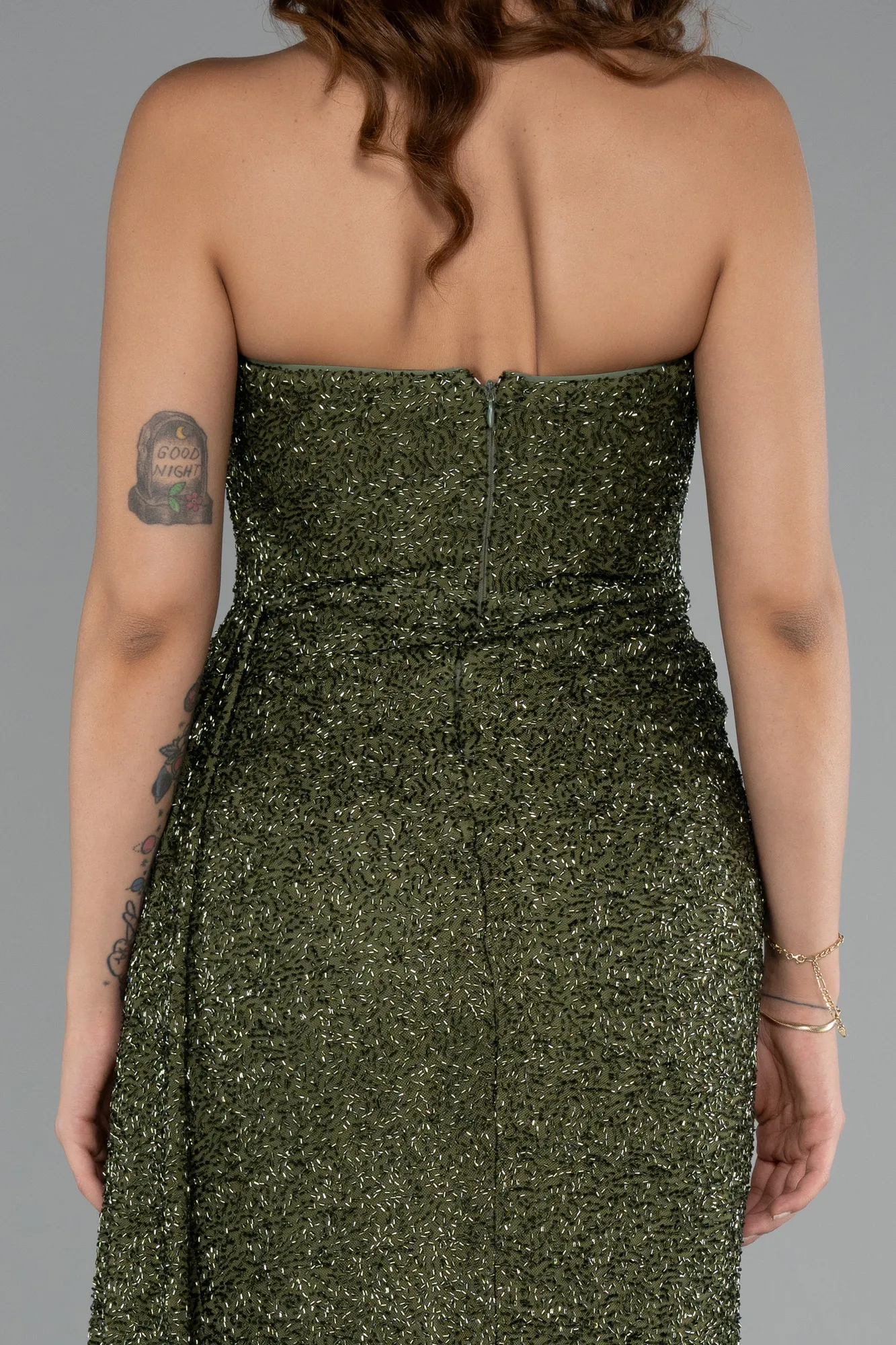Olive Drab-Strapless Beaded Slit Long Evening Gown ABU4871