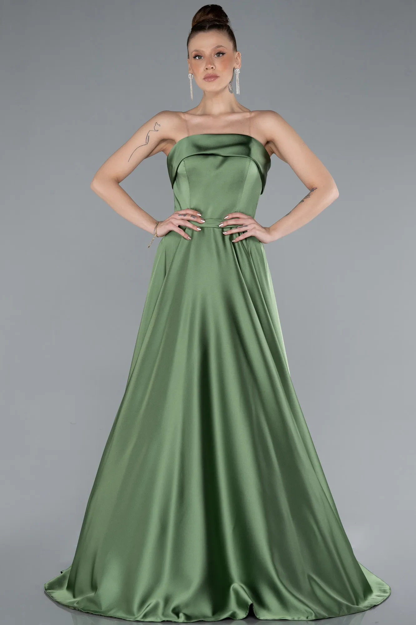 Olive Drab-Strapless Long Satin Prom Dress ABU4685