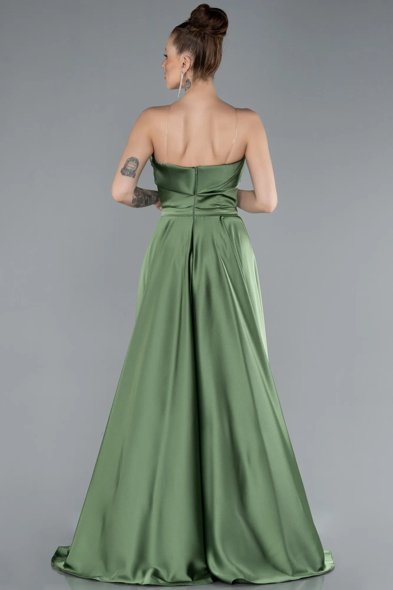 Olive Drab-Strapless Long Satin Prom Dress ABU4685
