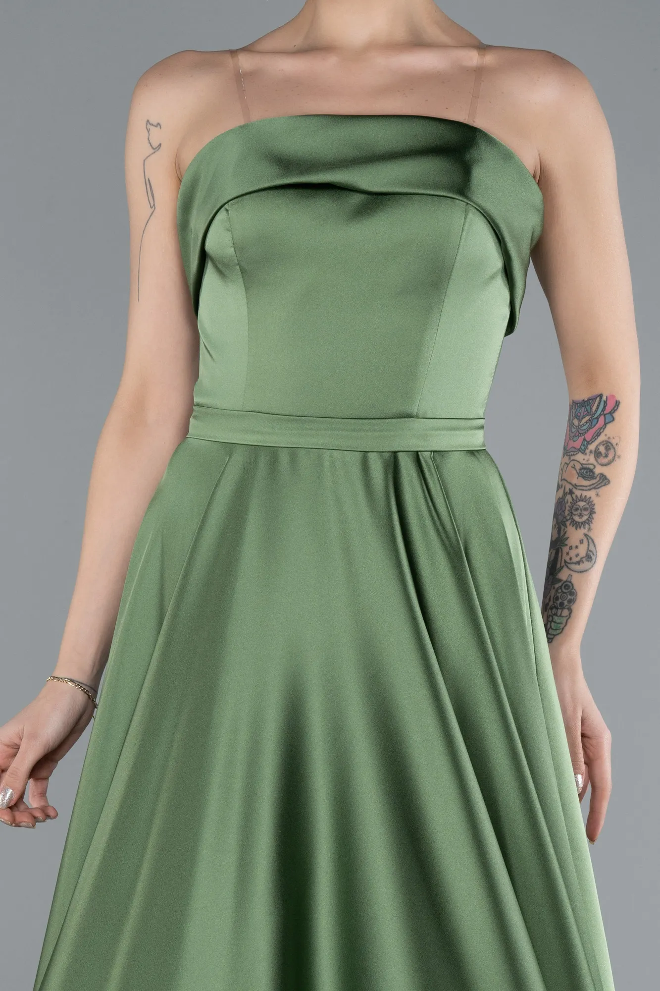 Olive Drab-Strapless Long Satin Prom Dress ABU4685