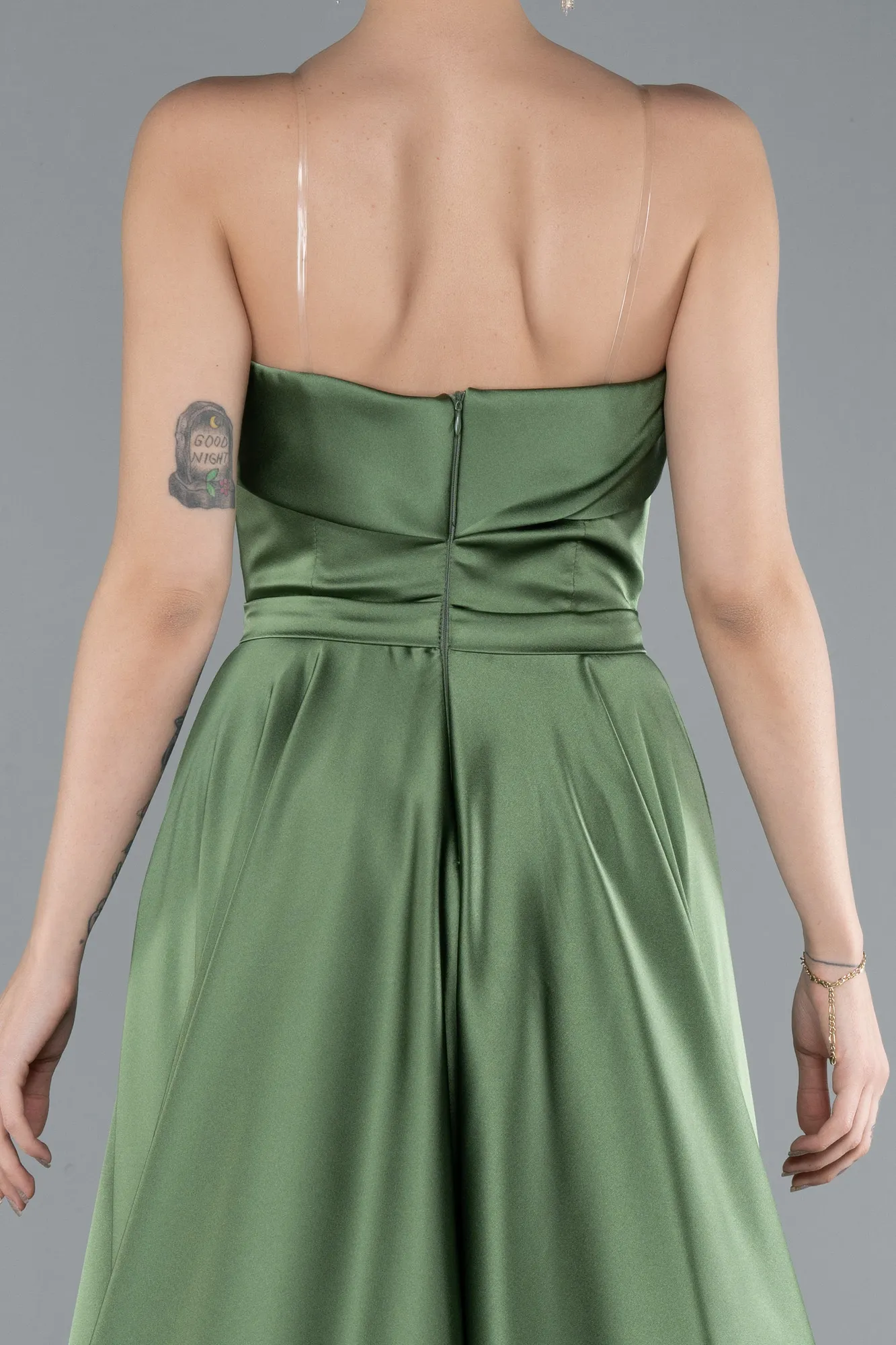 Olive Drab-Strapless Long Satin Prom Dress ABU4685