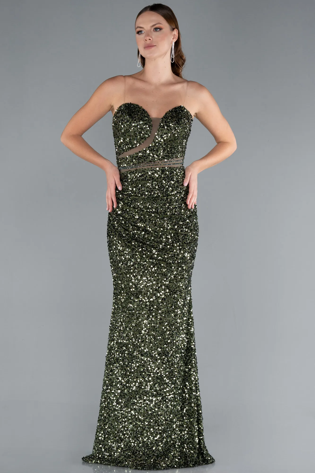 Olive Drab-Strapless Long Scaly Mermaid Evening Gown ABU4816