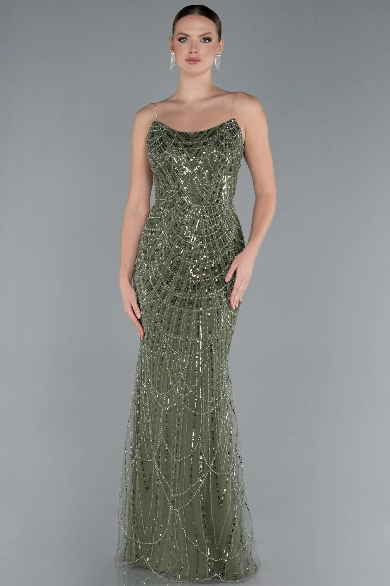 Olive Drab-Strapless Satin Tail Long Beaded Evening Gown ABU4745