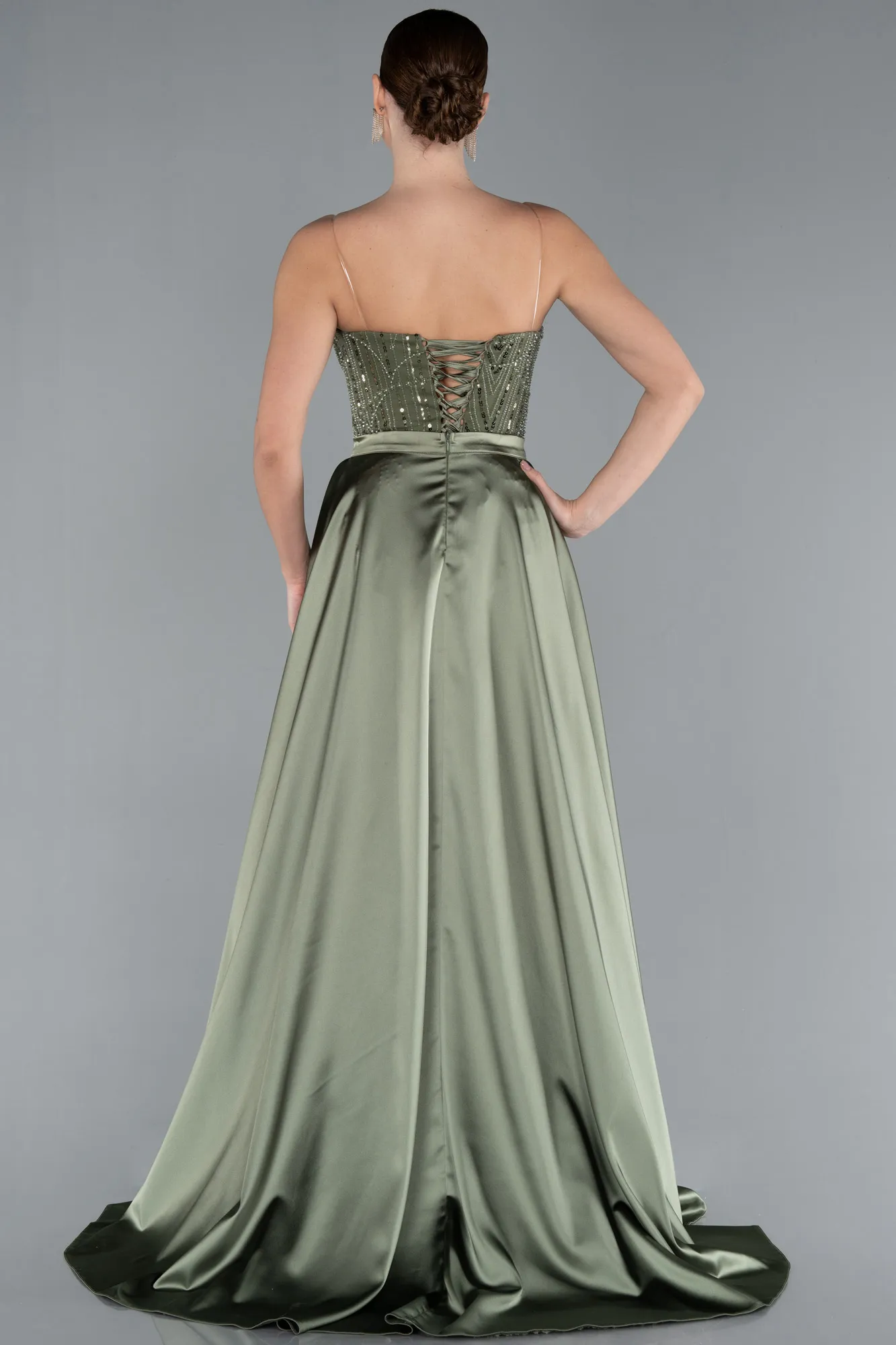 Olive Drab-Strapless Satin Tail Long Beaded Evening Gown ABU4745
