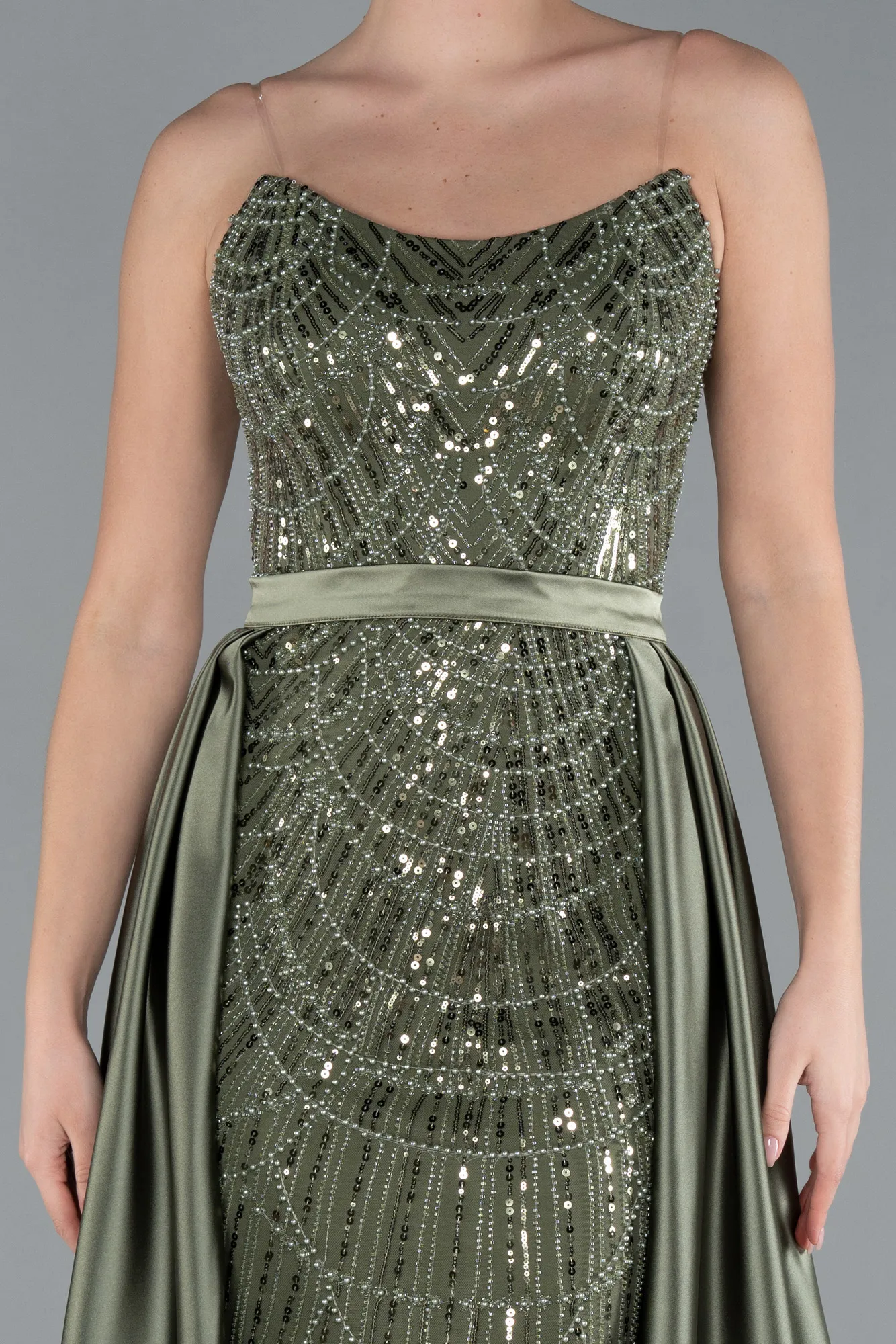 Olive Drab-Strapless Satin Tail Long Beaded Evening Gown ABU4745